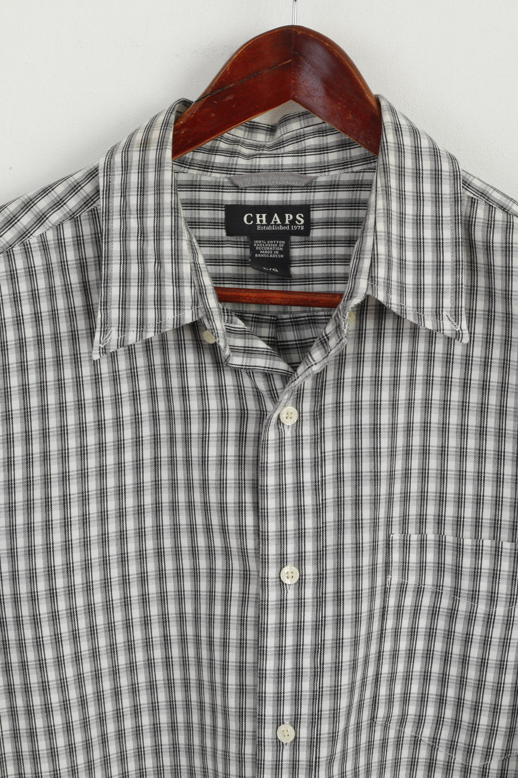 Chaps Men L (XL) Casual Shirt Black White Check Cotton Long Sleeve Pocket Top