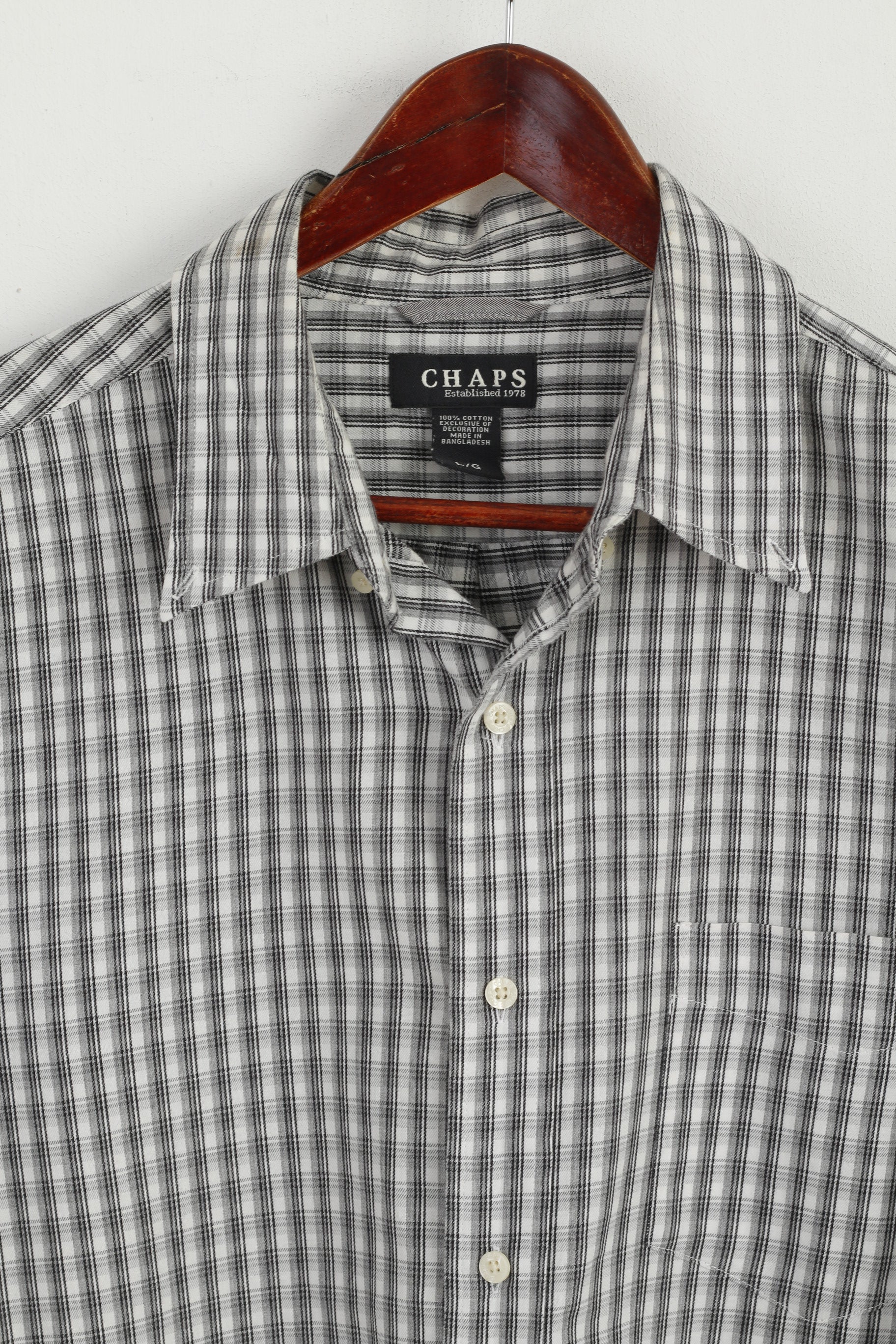 Chaps Men L (XL) Casual Shirt Black White Check Cotton Long Sleeve Pocket Top