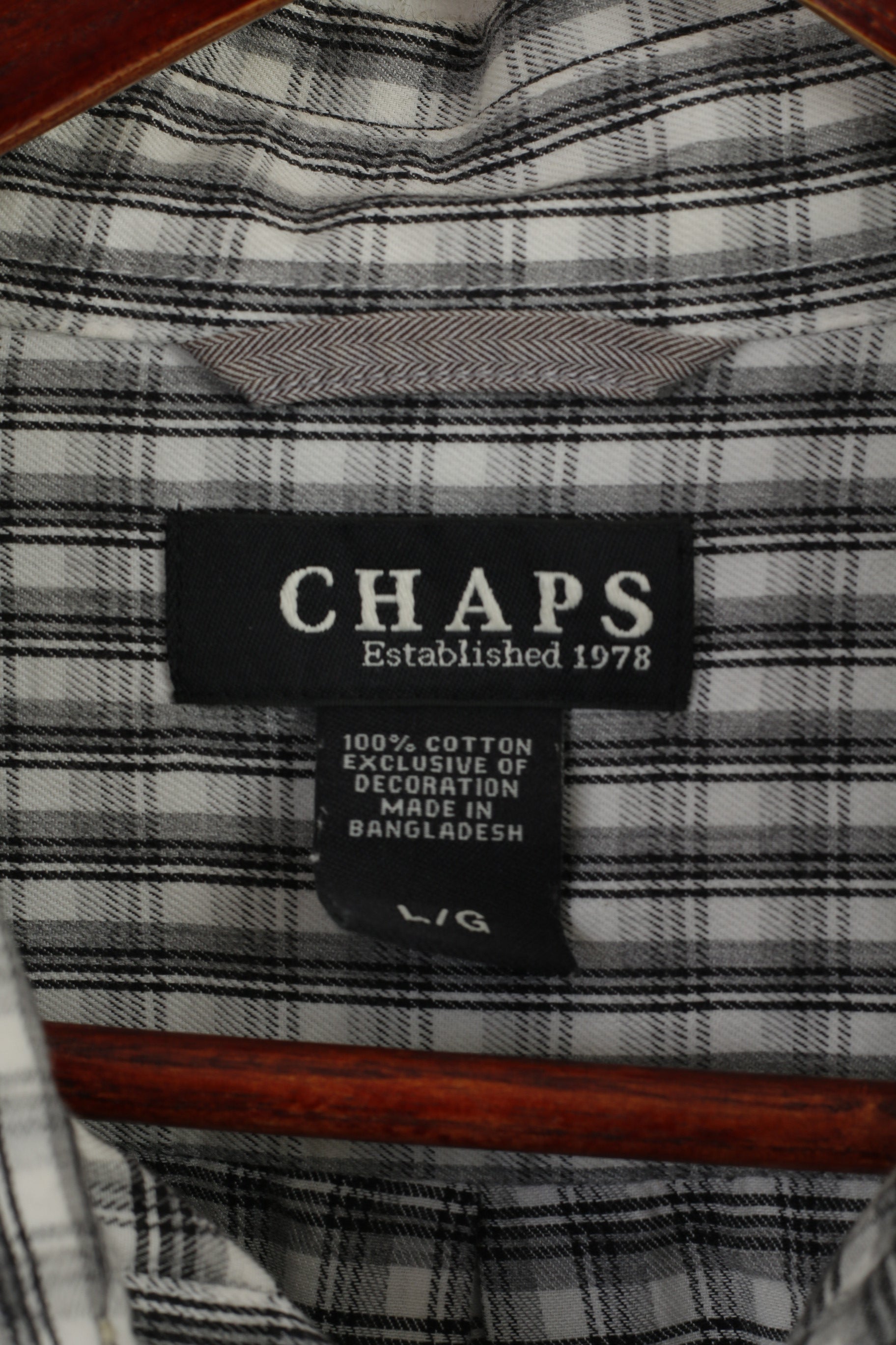 Chaps Men L (XL) Casual Shirt Black White Check Cotton Long Sleeve Pocket Top
