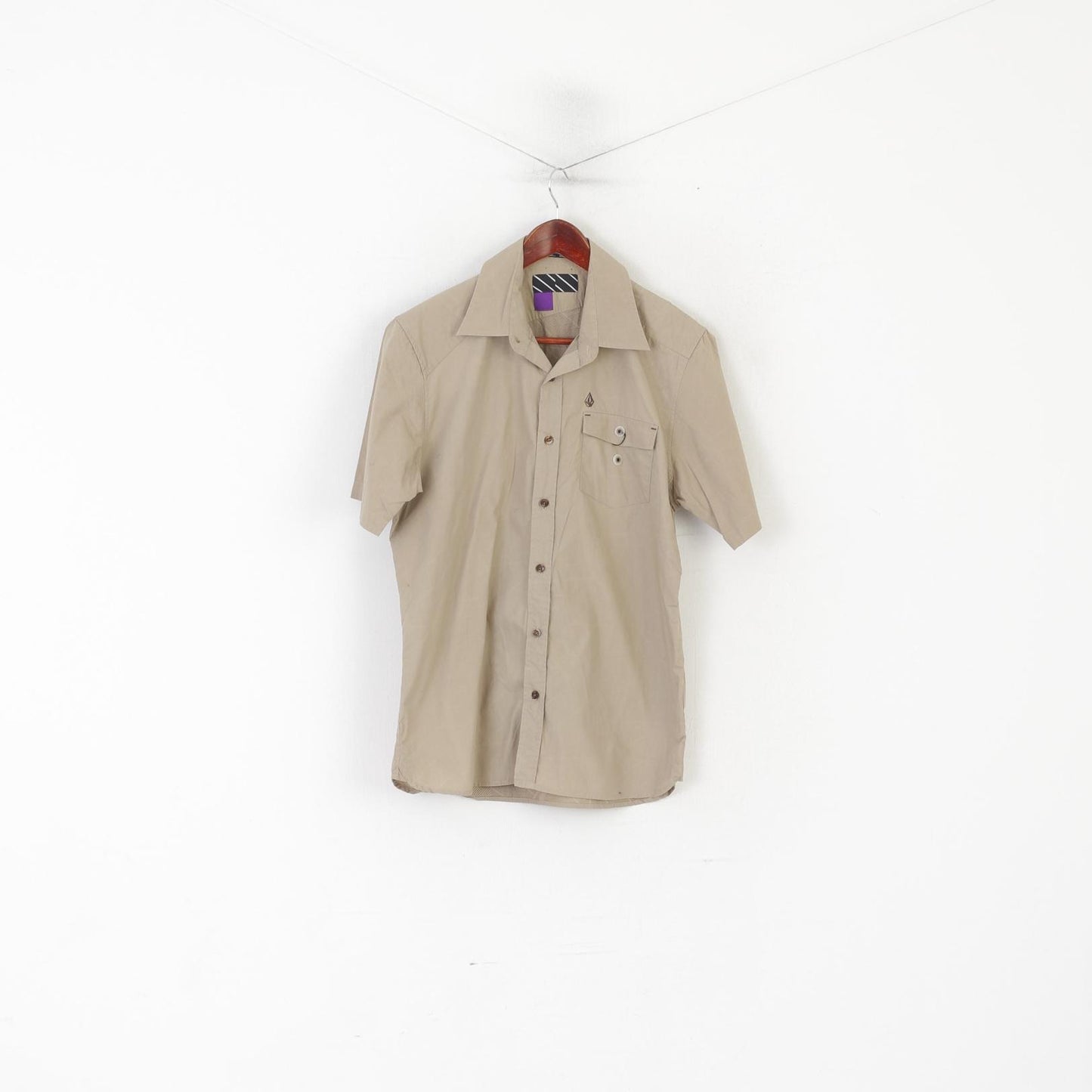 Volcom Men S Casual Shirt Beige Cotton Tailored Pocket Short Sleeve Outdoor Top