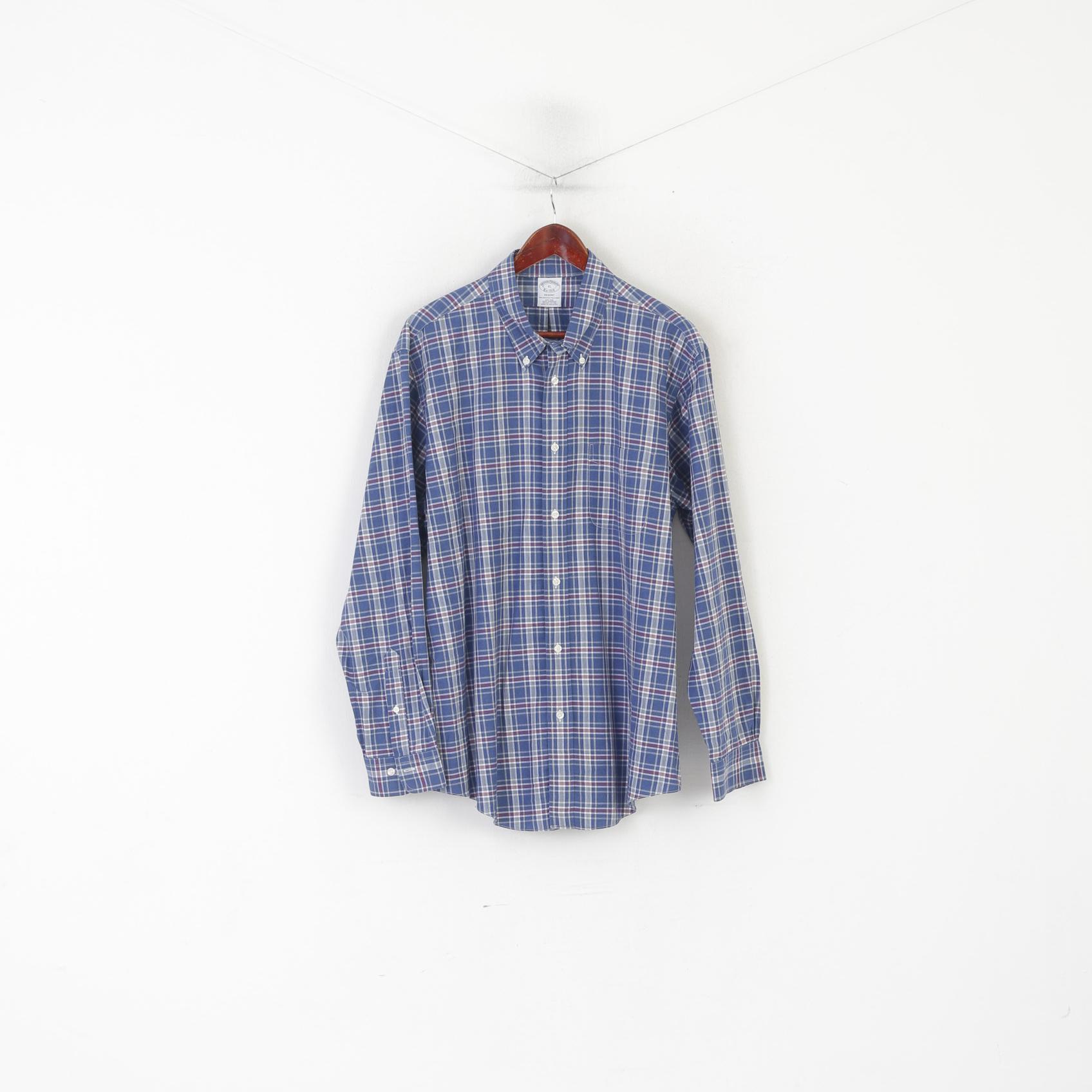 Brooks Brothers Men XL Casual Shirt Blue Check Cotton Regent Non Iron Long Sleeve Top
