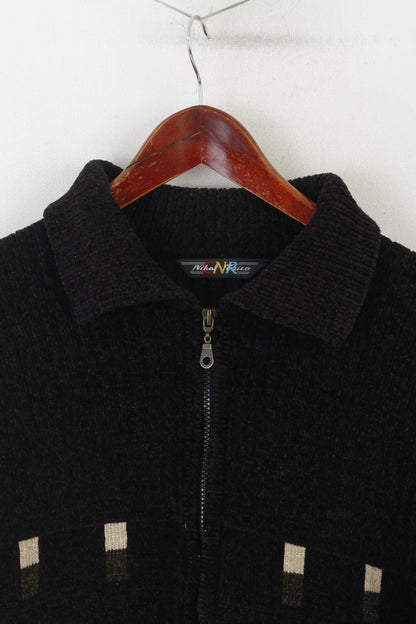 Nihat Trico CNR Uomo L Cardigan Maglione vintage in lana ciniglia nera con cerniera intera