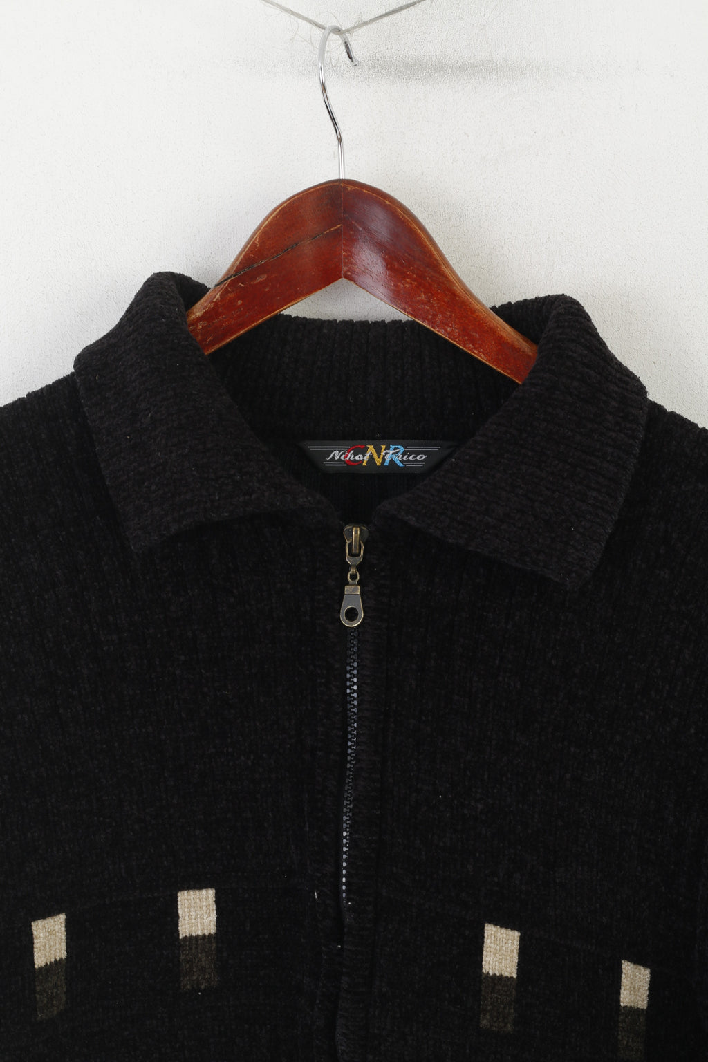 Nihat Trico CNR Men L Cardigan Black Chenille Wool Full Zipper Vintage Sweater