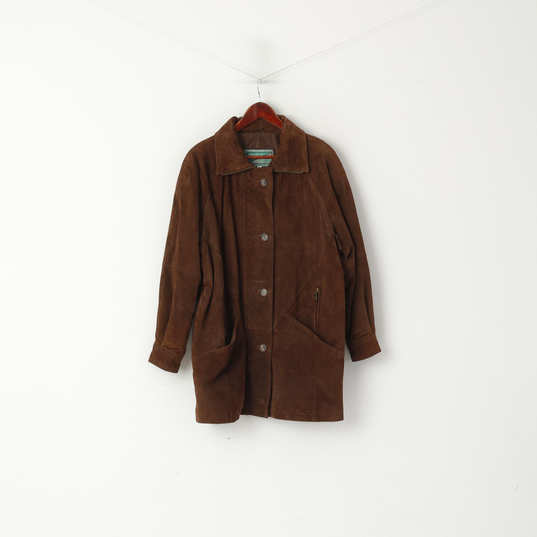 Pelle Moda Femmes 40 L Veste En Cuir Marron Vintage Daim Zip Up Épaulettes Top