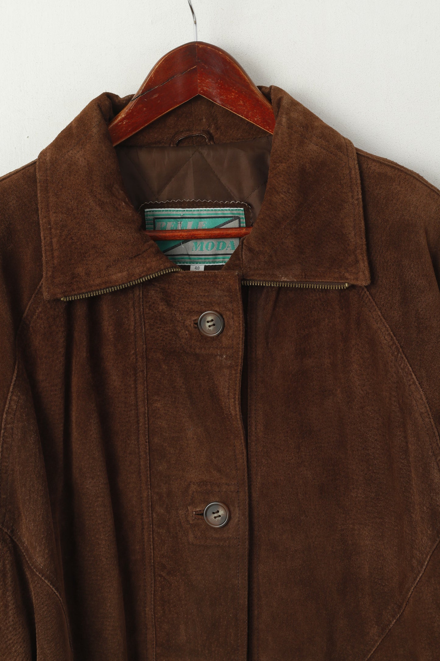 Pelle Moda Women 40 L Leather Jacket Brown Vintage Suede Zip Up Shoulder Pads Top
