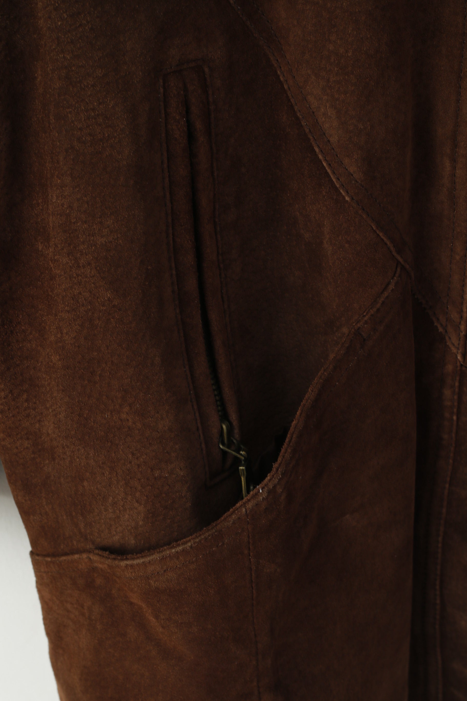 Pelle Moda Femmes 40 L Veste En Cuir Marron Vintage Daim Zip Up Épaulettes Top