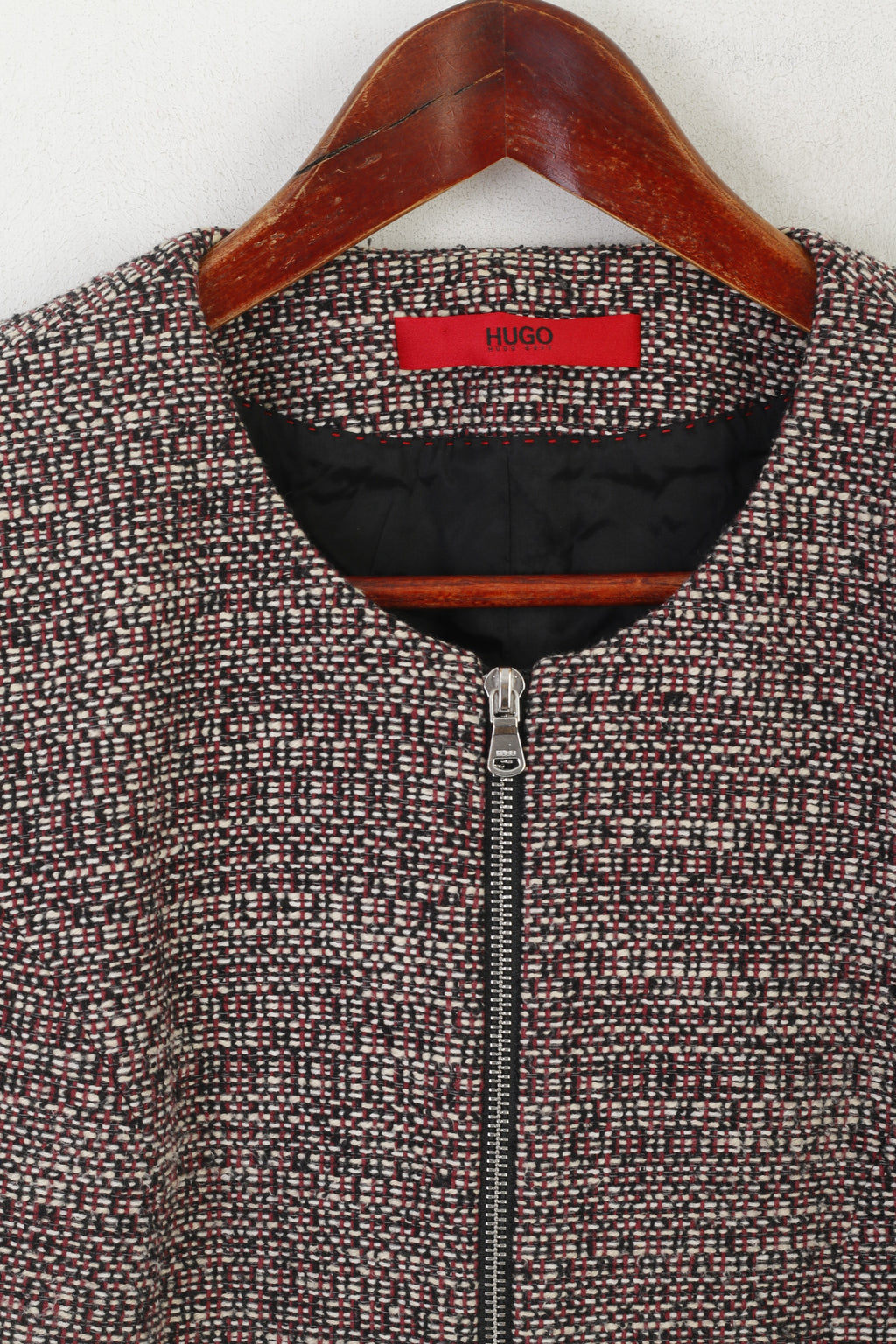 Giacca Hugo Boss da donna 8 12 S Giacca con cerniera bordata in tweed bouclé nero marrone