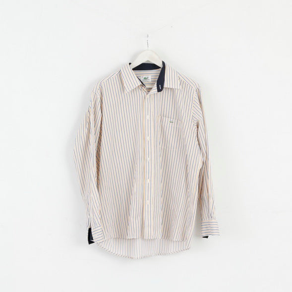 Lacoste Men 44 L Casual Shirt White Yellow Striped Cotton Long Sleeve Top