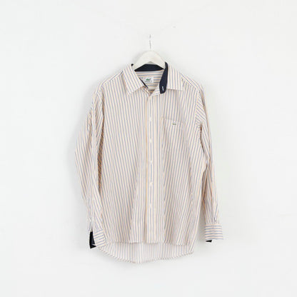 Lacoste Men 44 L Casual Shirt White Yellow Striped Cotton Long Sleeve Top