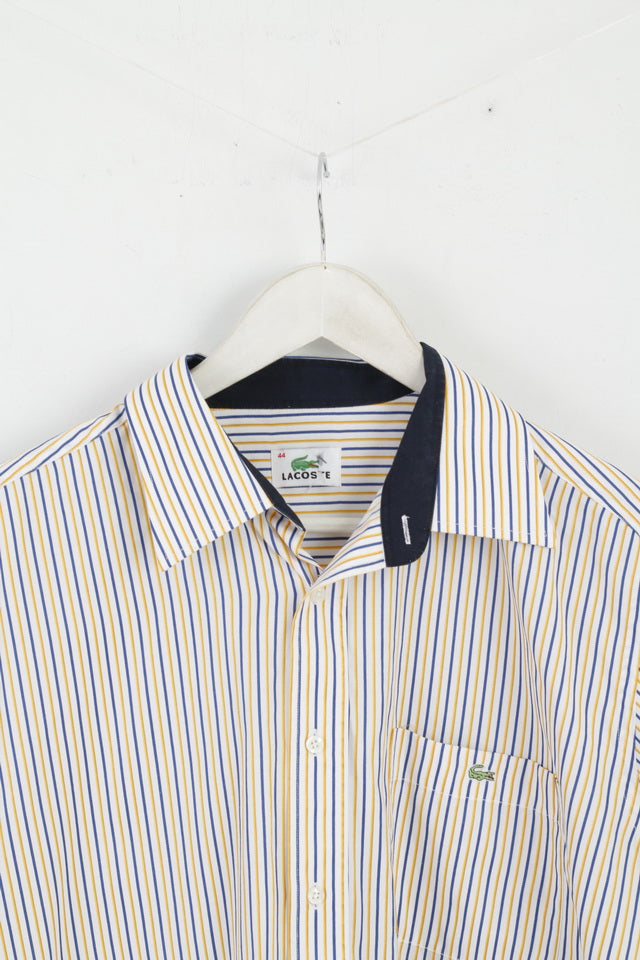 Lacoste Men 44 L Casual Shirt White Yellow Striped Cotton Long Sleeve Top