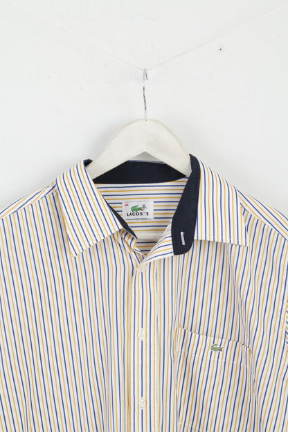 Lacoste Men 44 L Casual Shirt White Yellow Striped Cotton Long Sleeve Top