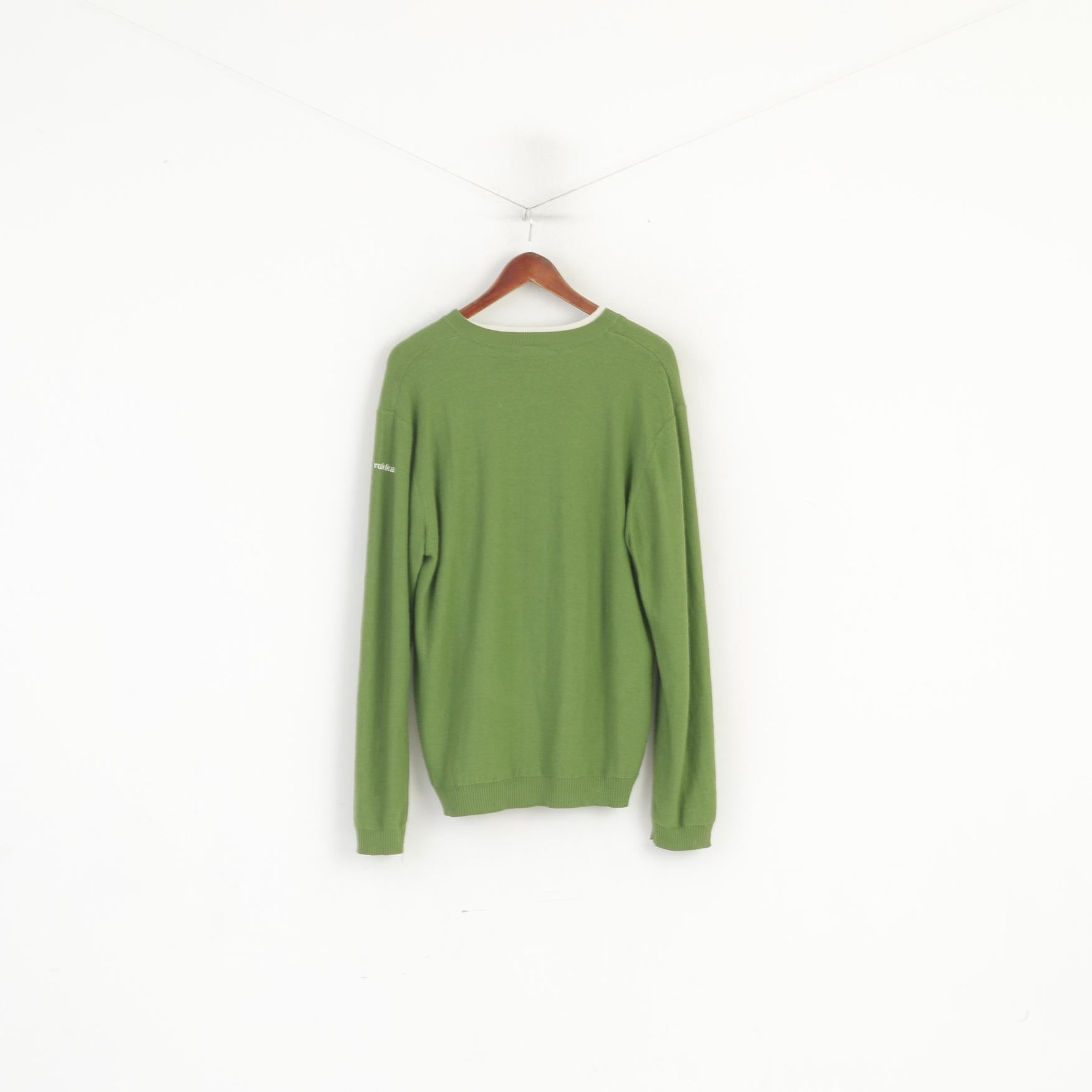 Rukka Men 54 XL (L) Jumper Green Wool Lined Outdoor V Neck Sweater