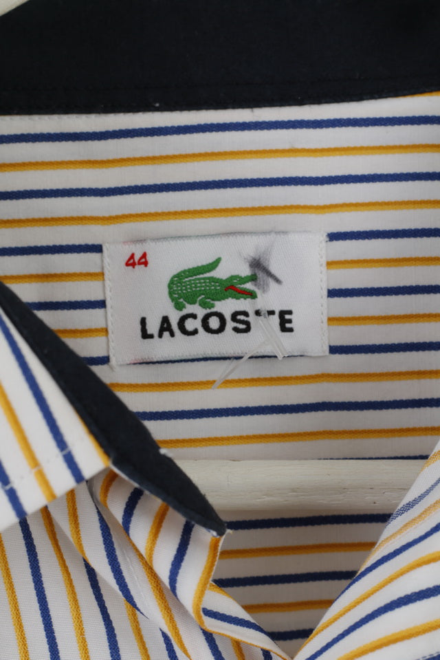 Lacoste Men 44 L Casual Shirt White Yellow Striped Cotton Long Sleeve Top