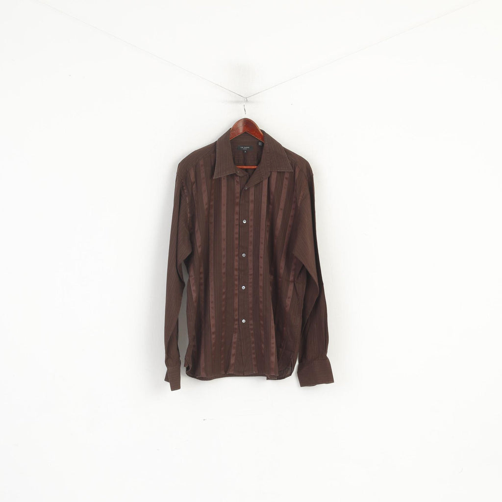 Ted Baker London Men 6 XL Casual Shirt Brown Shiny Striped Cotton Long Sleeve