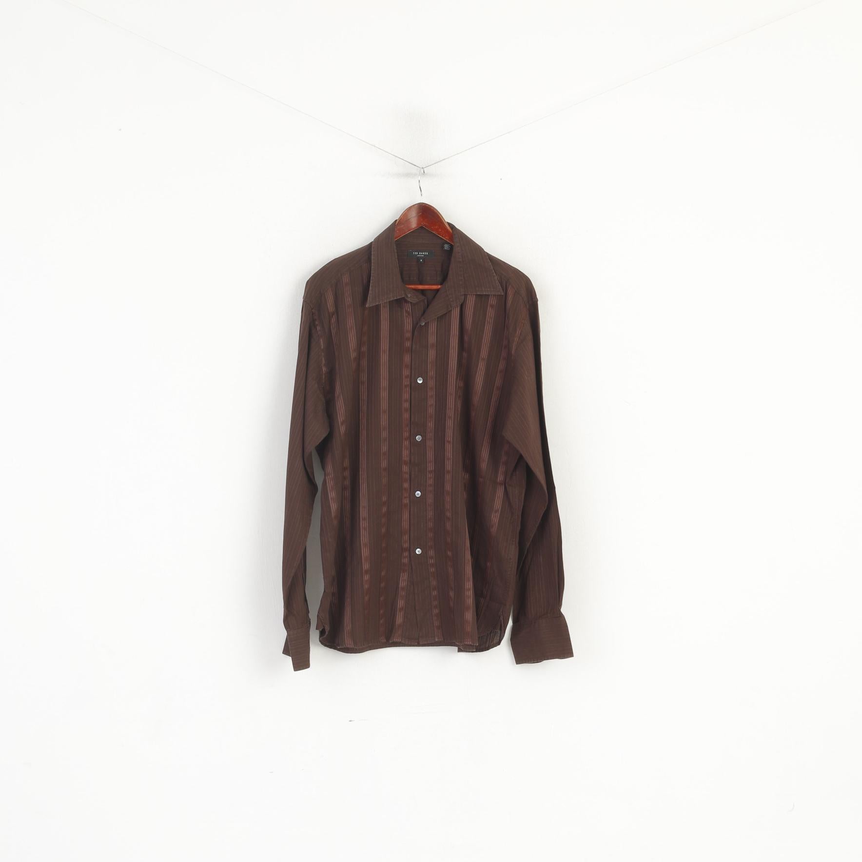 Ted Baker London Men 6 XL Casual Shirt Brown Shiny Striped Cotton Long Sleeve