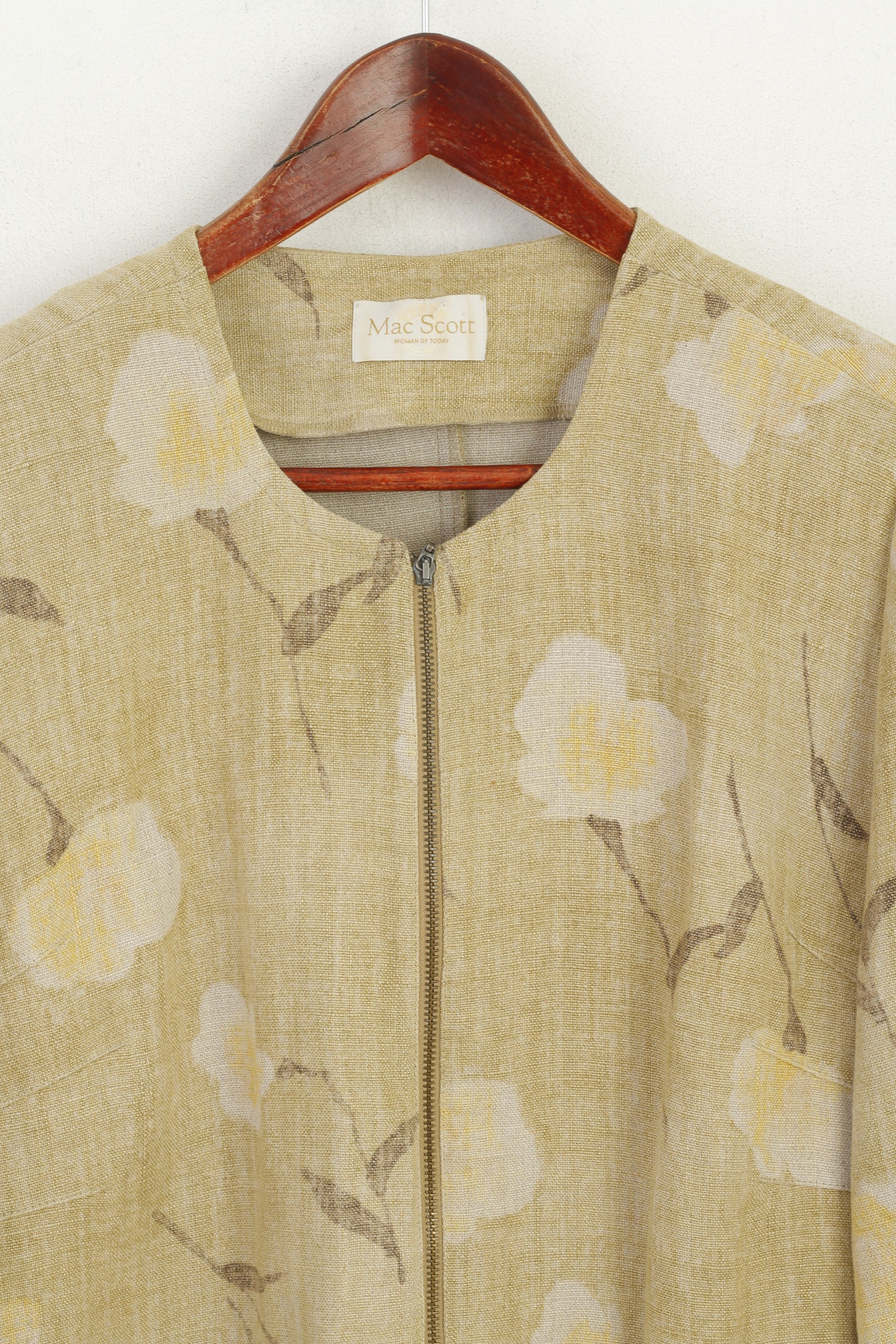 Mac Scott Blazer XL da donna Verde 100% lino con spalline floreali Top con zip intera retrò