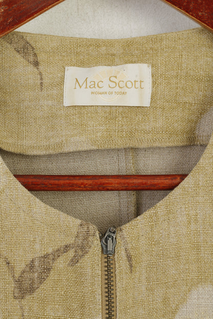 Mac Scott Women XL Blazer Green 100% Linen Floral Shoulder Pads Retro Full Zip Top