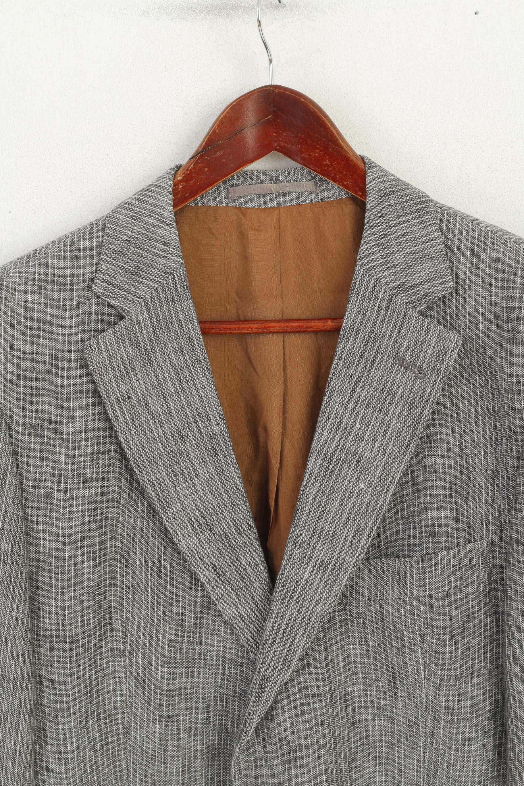 Gino Marcello Men 50 40 Blazer Grey Striped 100% Linen Single Breasted Jacket