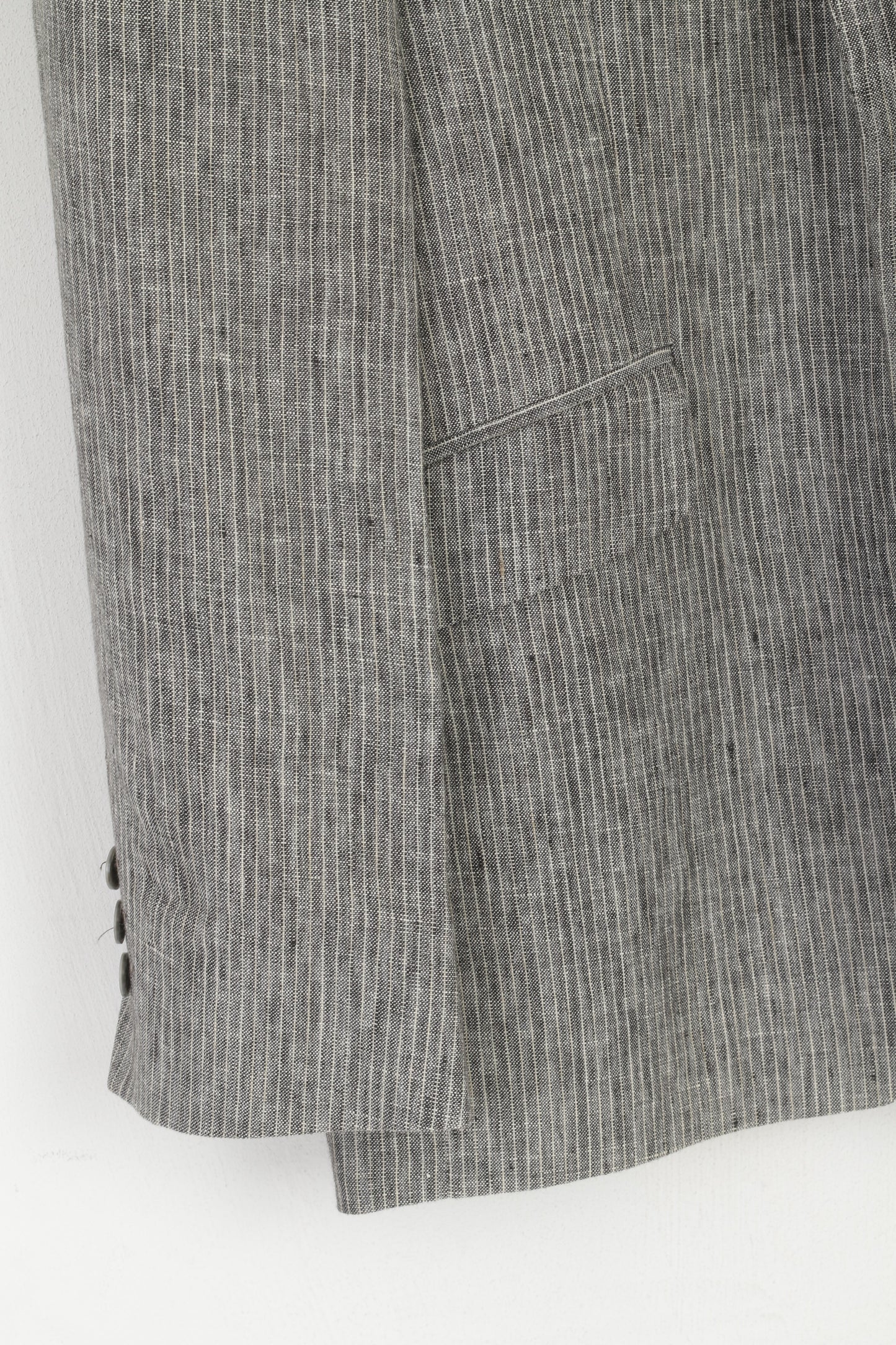 Gino Marcello Men 50 40 Blazer Grey Striped 100% Linen Single Breasted Jacket