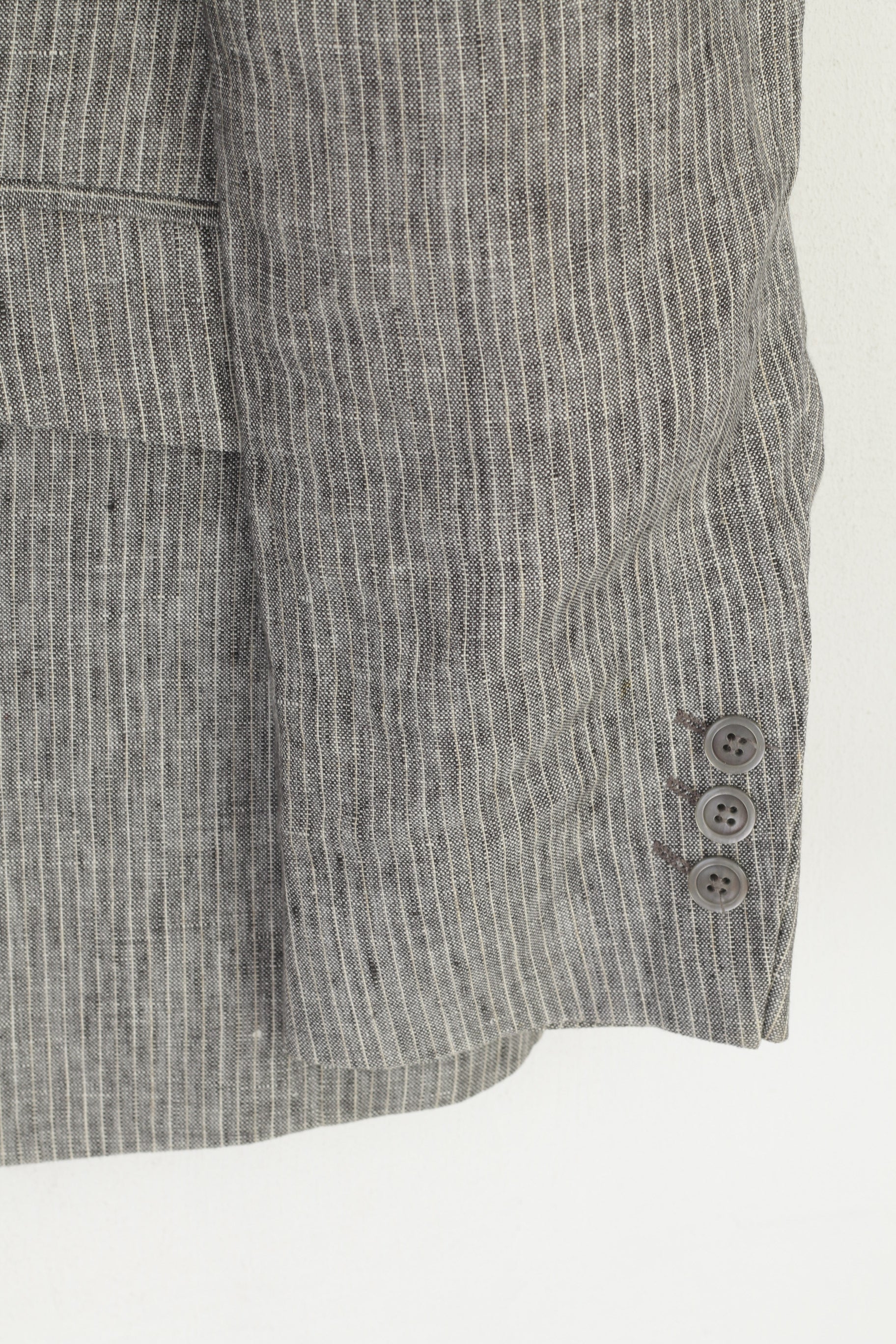 Gino Marcello Men 50 40 Blazer Grey Striped 100% Linen Single Breasted Jacket