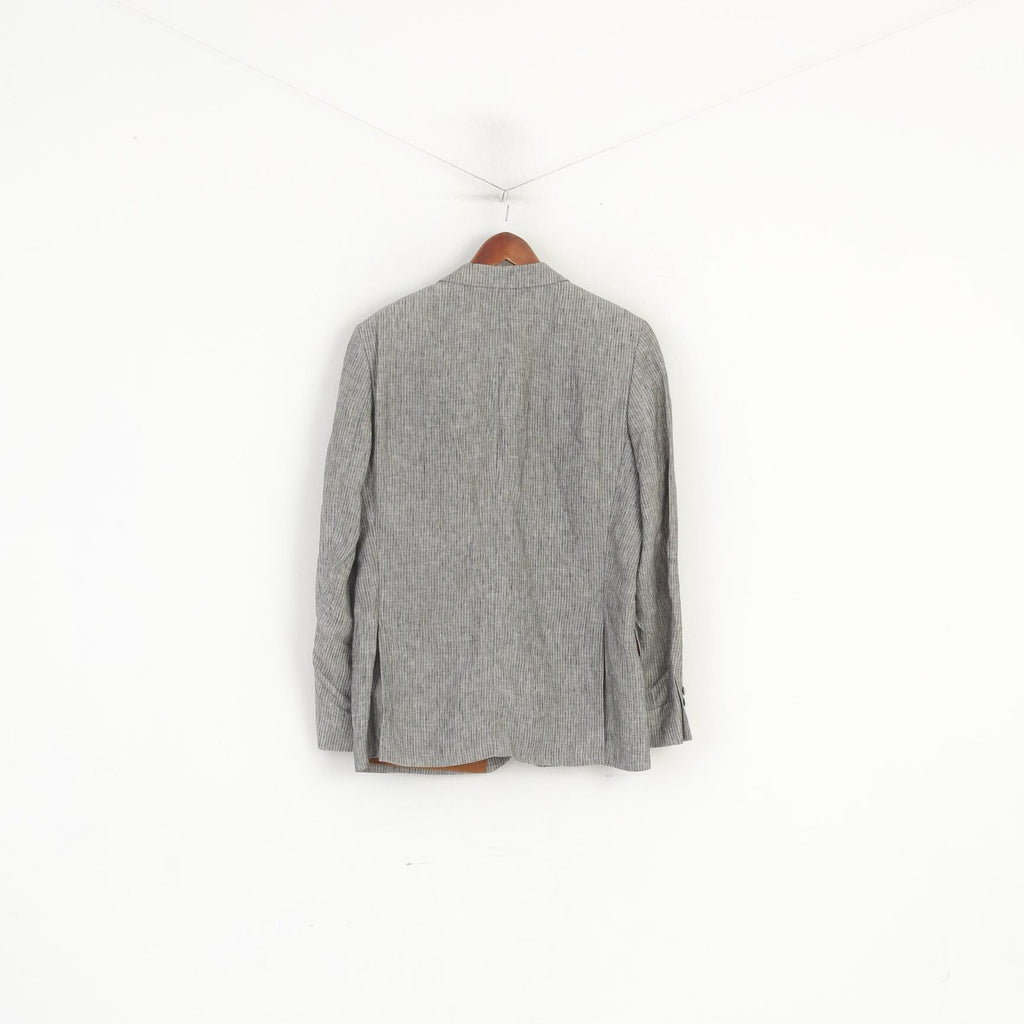 Gino Marcello Men 50 40 Blazer Grey Striped 100% Linen Single Breasted Jacket