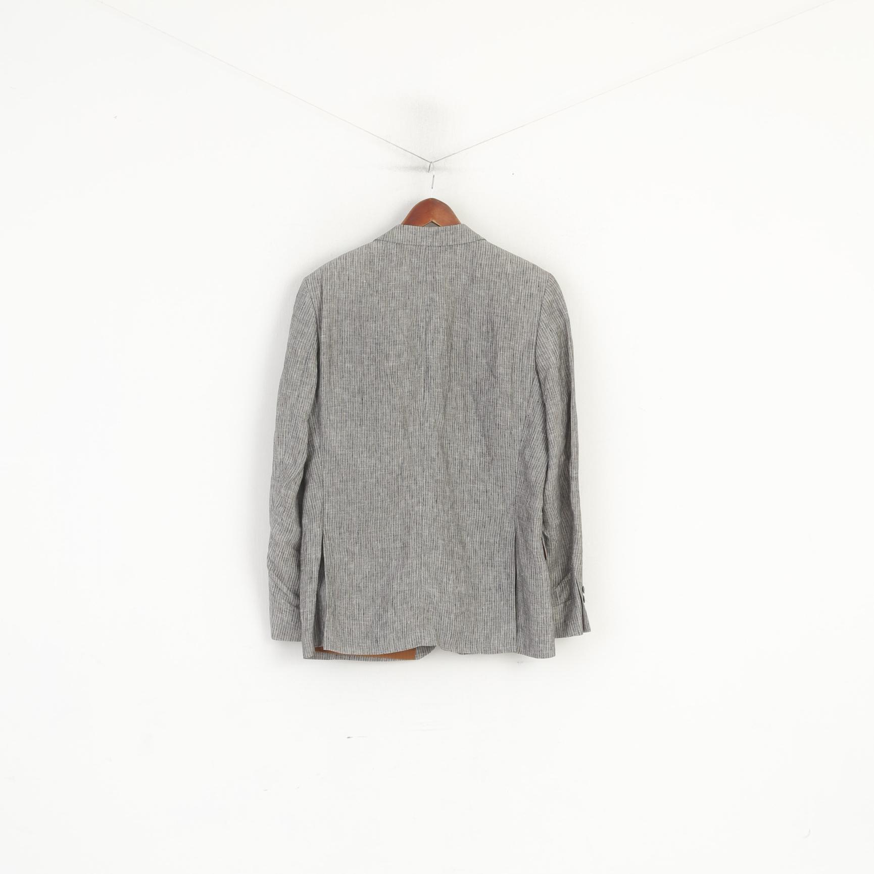 Gino Marcello Men 50 40 Blazer Grey Striped 100% Linen Single Breasted Jacket