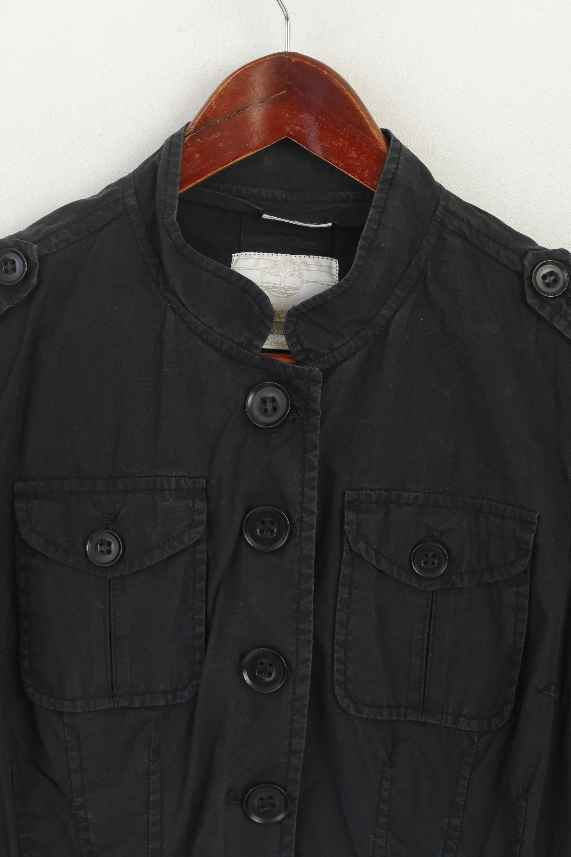 Timberland Women XS Jacket Black Cotton Military Single Breasted Lightweight Top