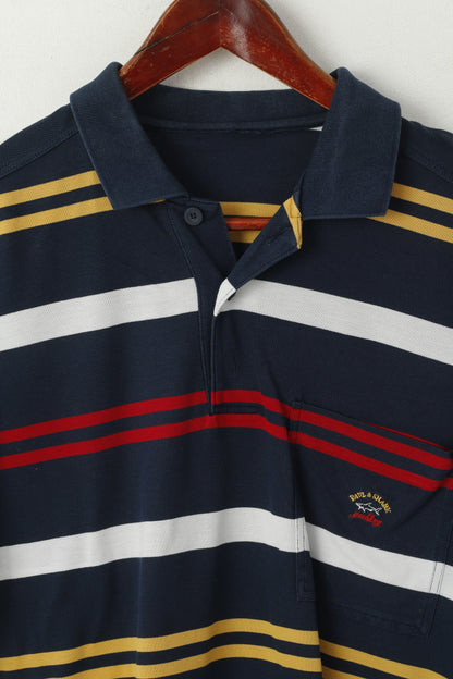 Paul & Shark Yachting Men M Polo Shirt Navy Cotton Striped Pocket Casual Top