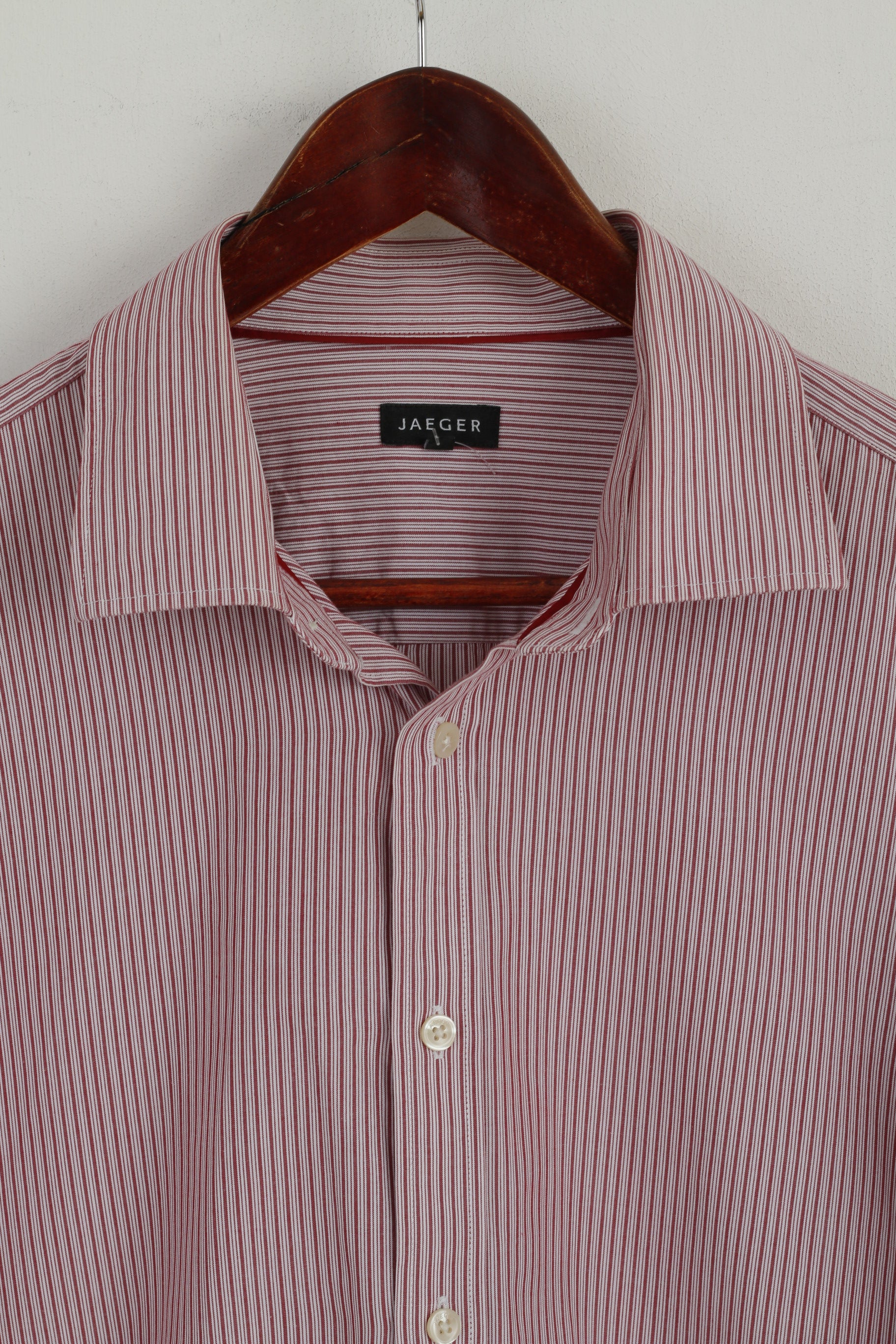 Jaeger Men 17.5 XL Casual Shirt Burgundy Striped Cotton Cuffs Long Sleeve Top