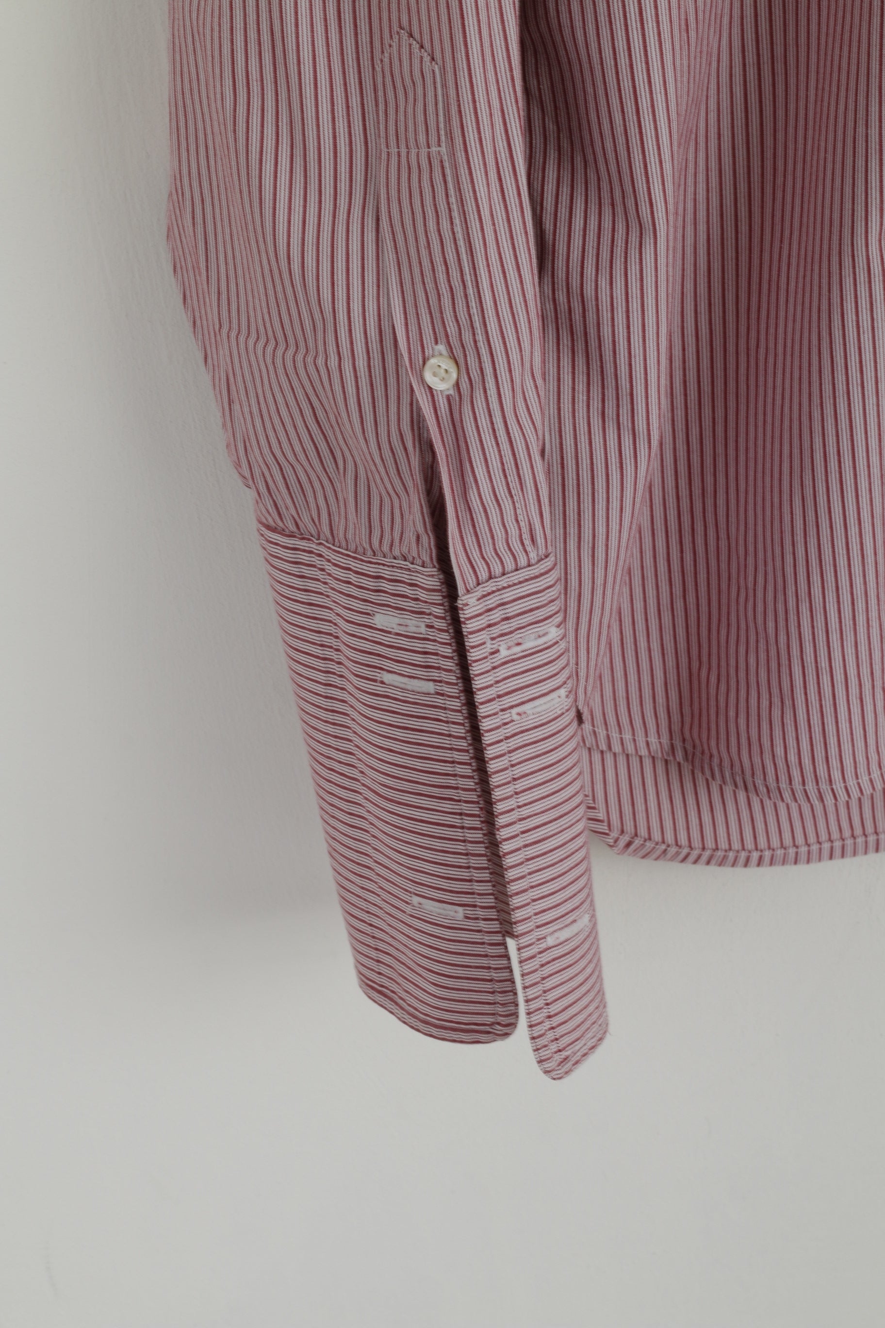 Jaeger Men 17.5 XL Casual Shirt Burgundy Striped Cotton Cuffs Long Sleeve Top