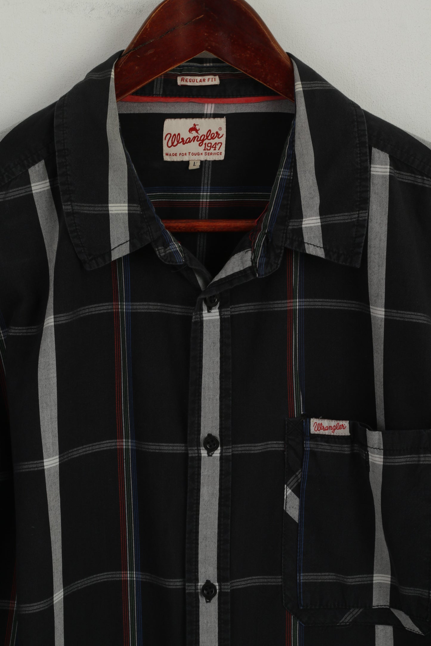 Wrangler Men L (M) Casual Shirt Black Check Cotton Pocket Western Long Sleeve Top