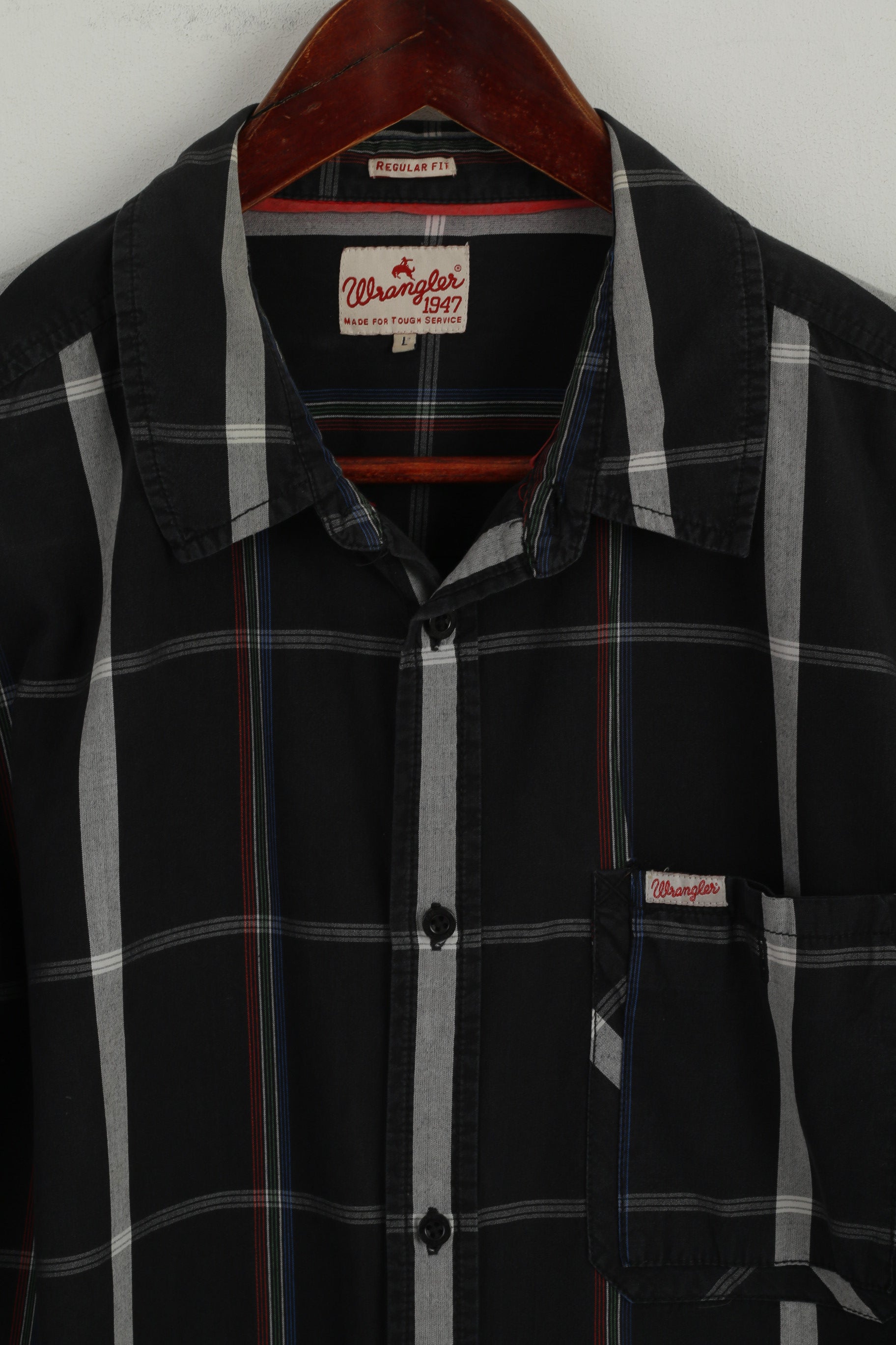 Wrangler Men L (M) Chemise décontractée à carreaux noirs en coton avec poche occidentale à manches longues