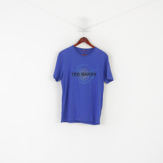 Ted Baker London Men 5 M Shirt Blue Cotton Graphic Logo Crew Neck Top
