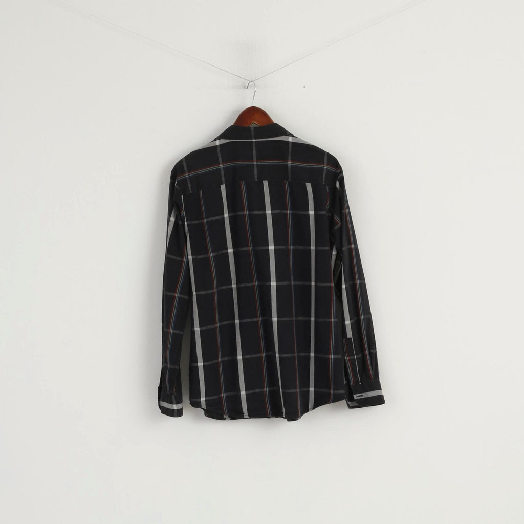 Wrangler Men L (M) Chemise décontractée à carreaux noirs en coton avec poche occidentale à manches longues