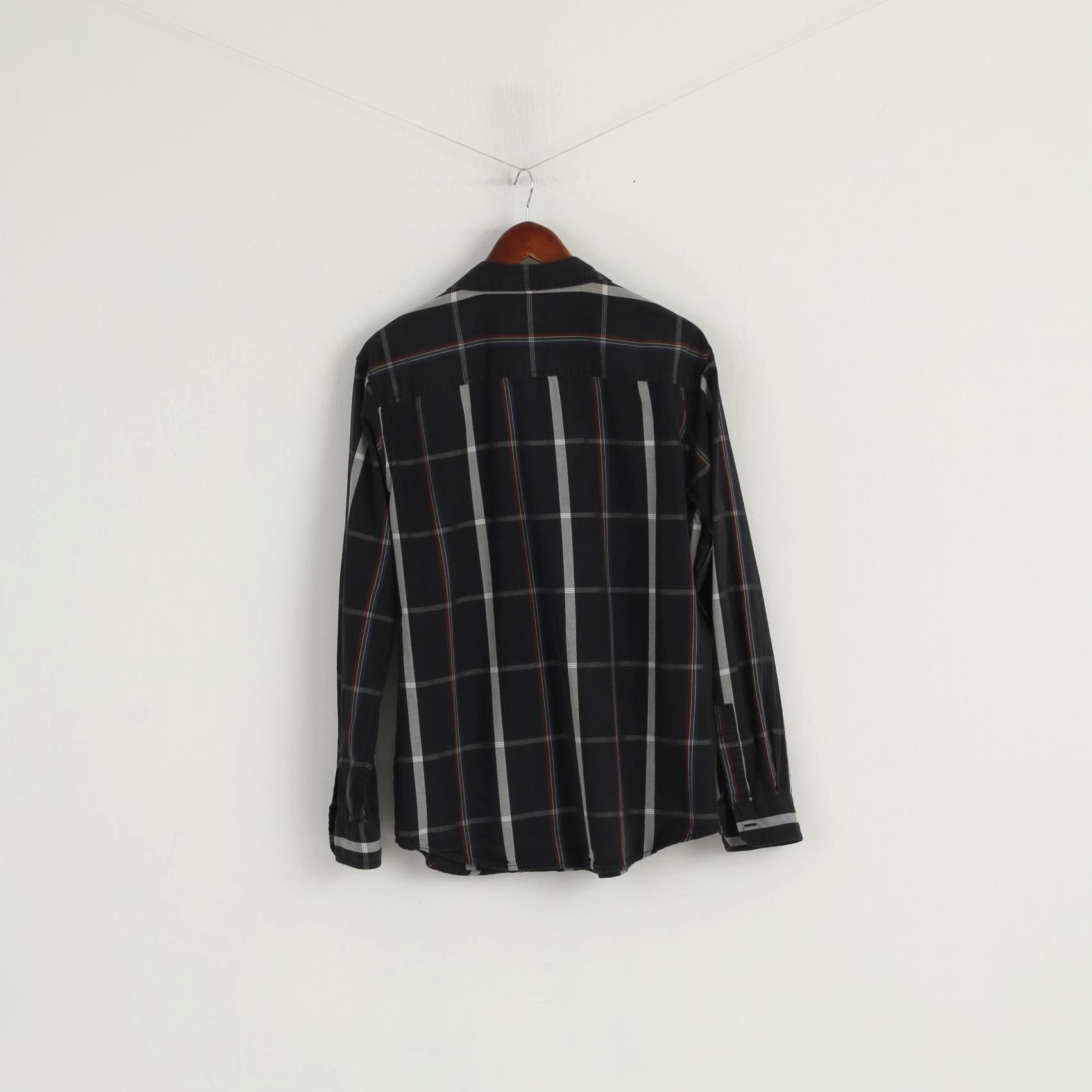 Wrangler Men L (M) Chemise décontractée à carreaux noirs en coton avec poche occidentale à manches longues