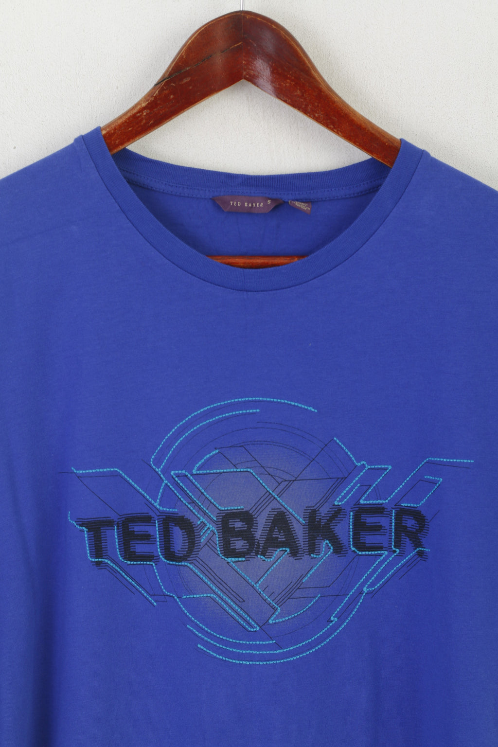 Ted Baker London Men 5 M Shirt Blue Cotton Graphic Logo Crew Neck Top