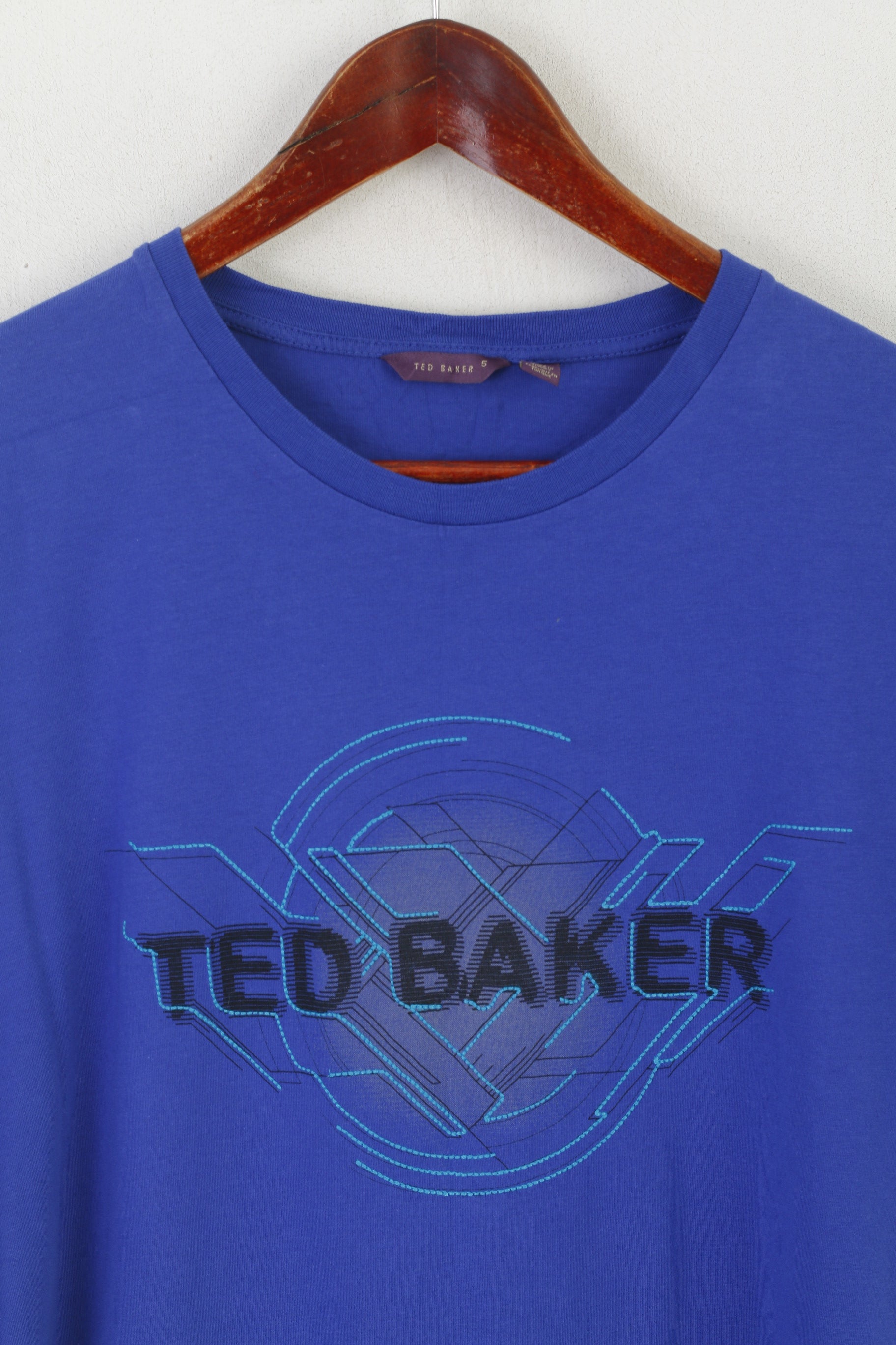 Ted Baker London Men 5 M Shirt Blue Cotton Graphic Logo Crew Neck Top