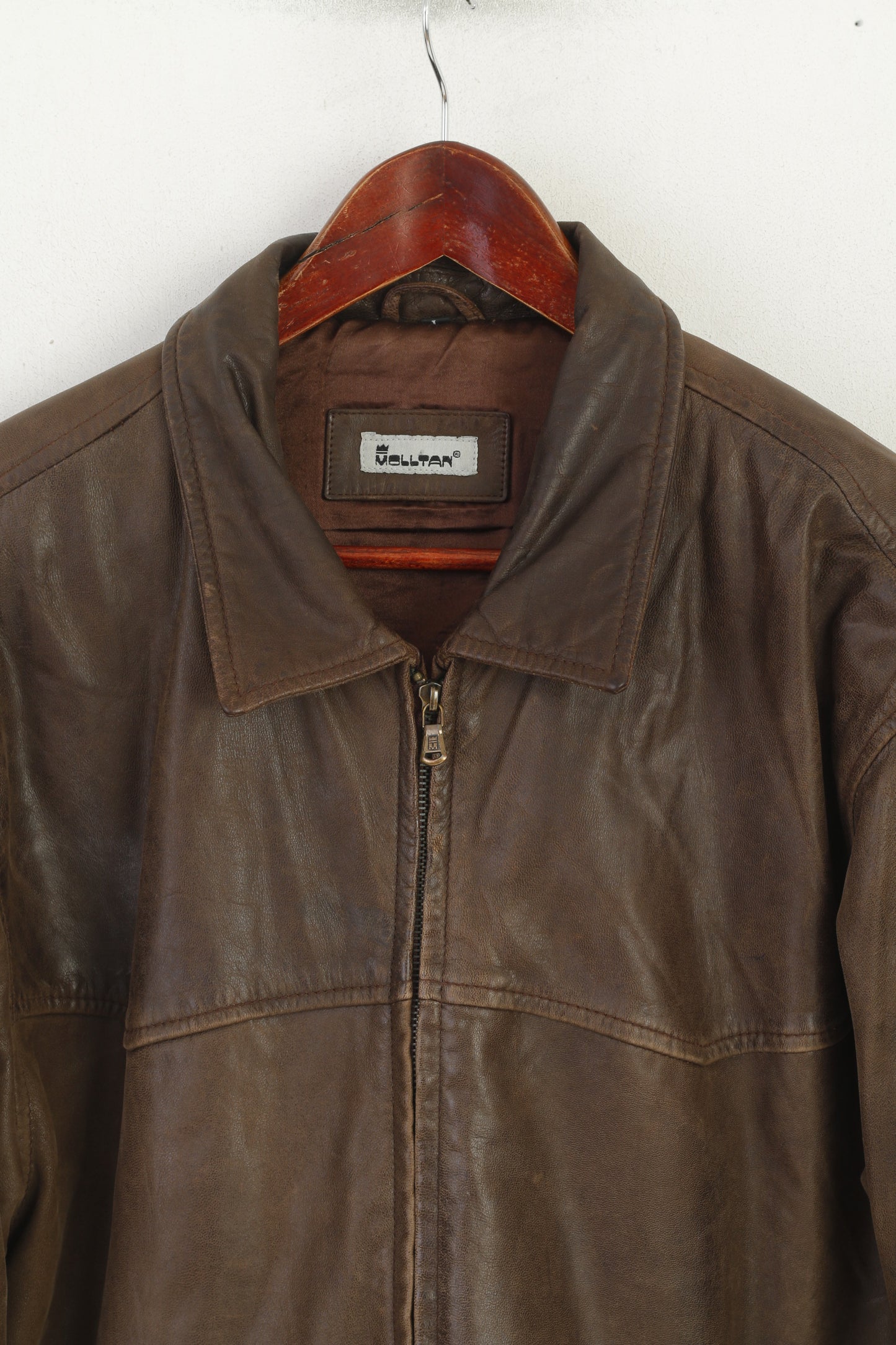 Molltan Men L Jacket Brown Leather Vintage Full Zip Harrington Classic Top