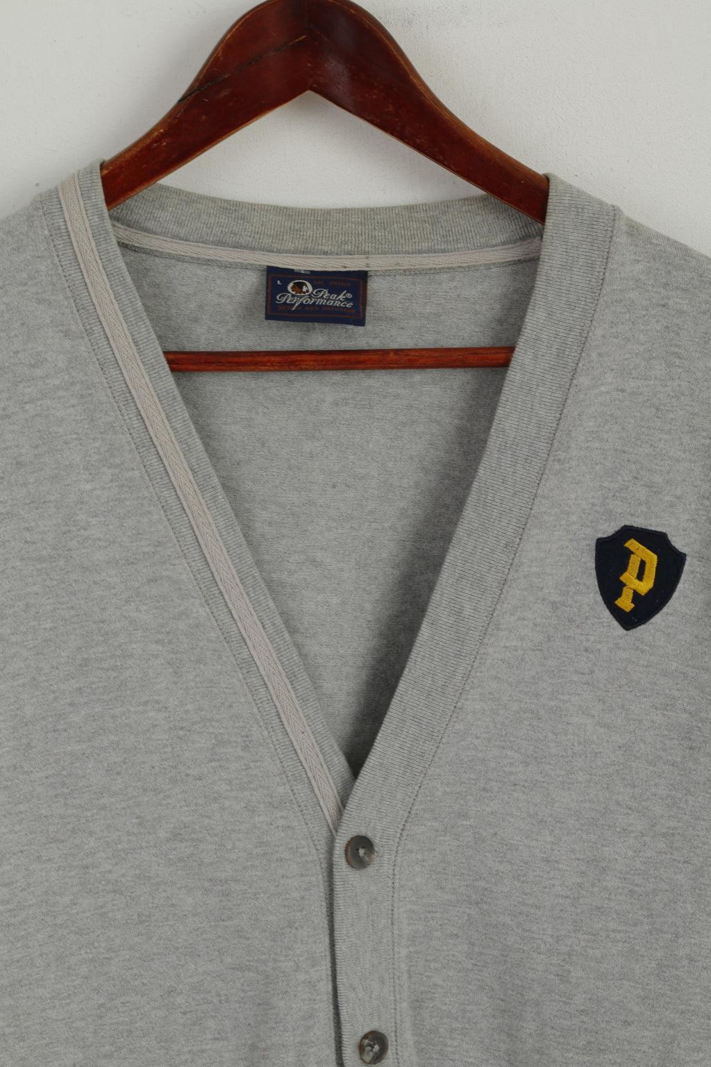 Peak Performance Men L (M) Sweatshirt Gris Coton Bouton Avant Col V Nature Top
