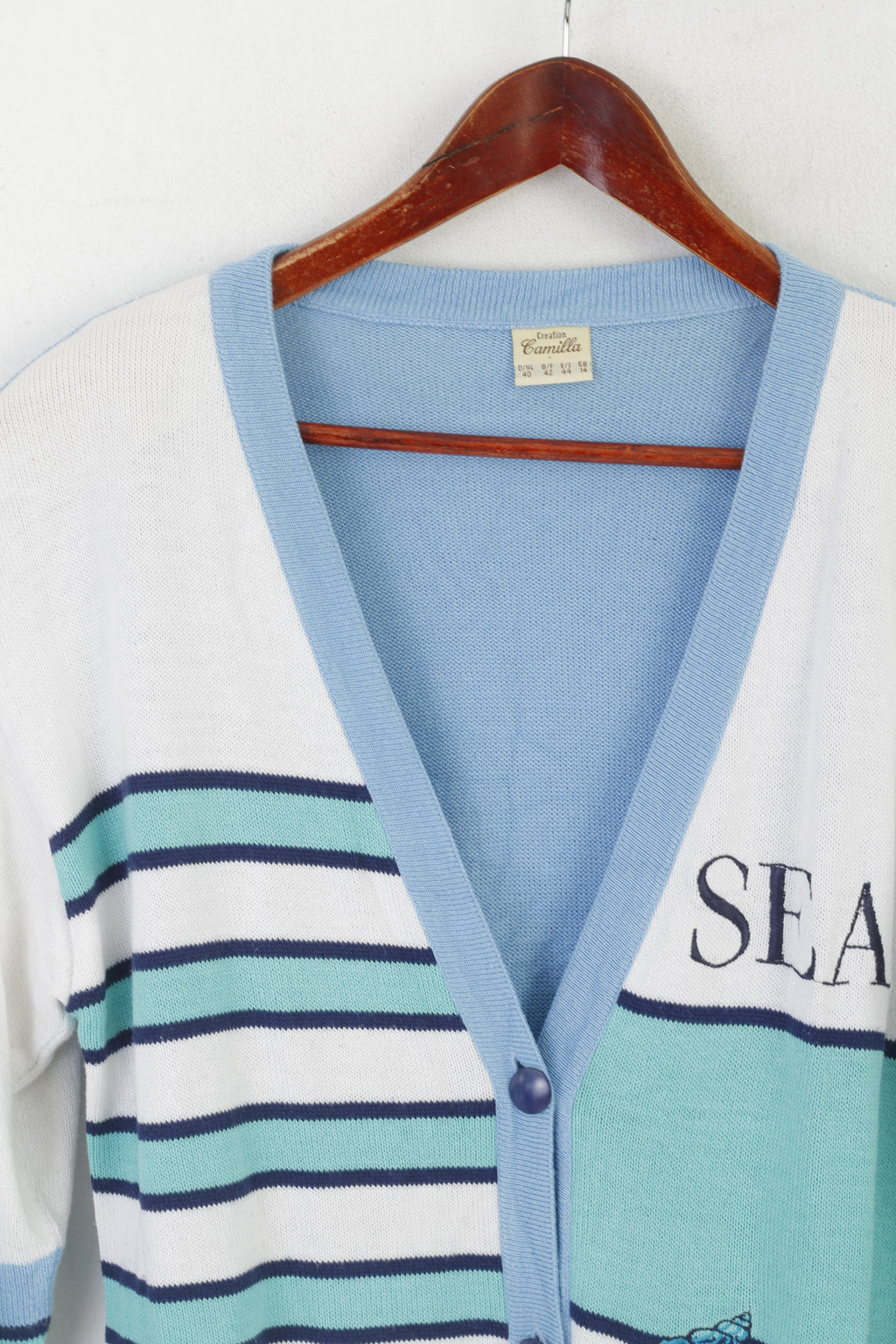 Creation Camilla Women 40 14 Cardigan Blue Marine Striped Shoulder Pads Sweater