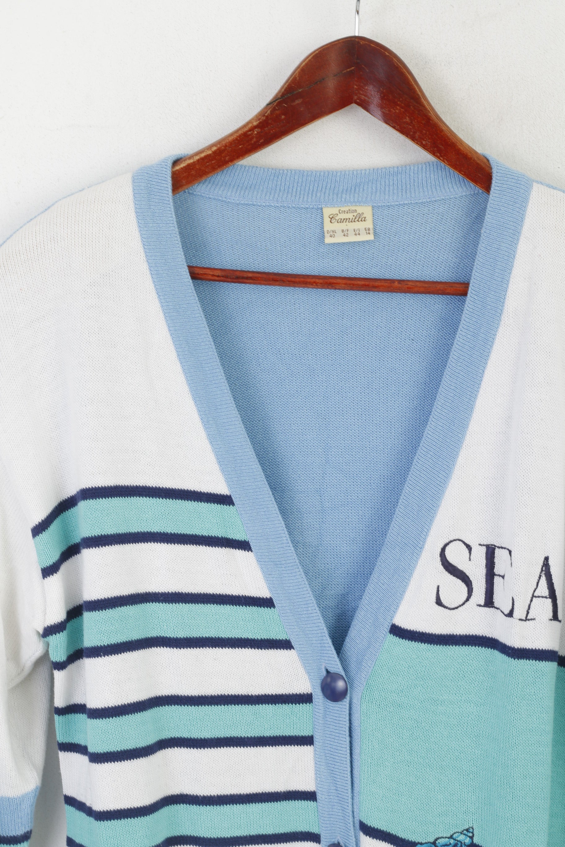 Creation Camilla Women 40 14 Cardigan Blue Marine Striped Shoulder Pads Sweater