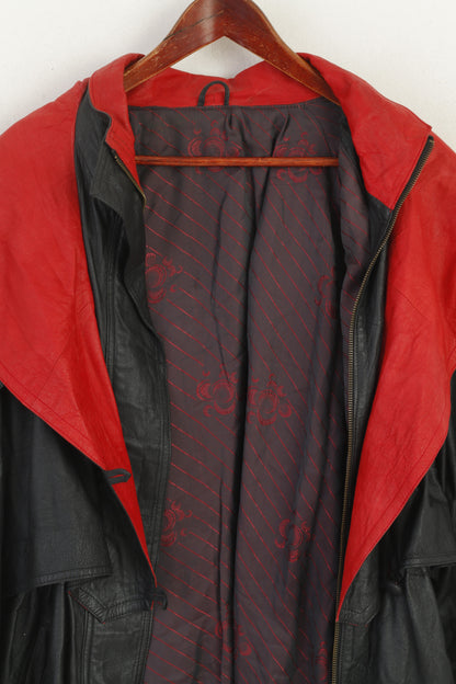 Vintage Women L Leather Jacket Black Red Hood Shoulder Pads Retro Style Parka