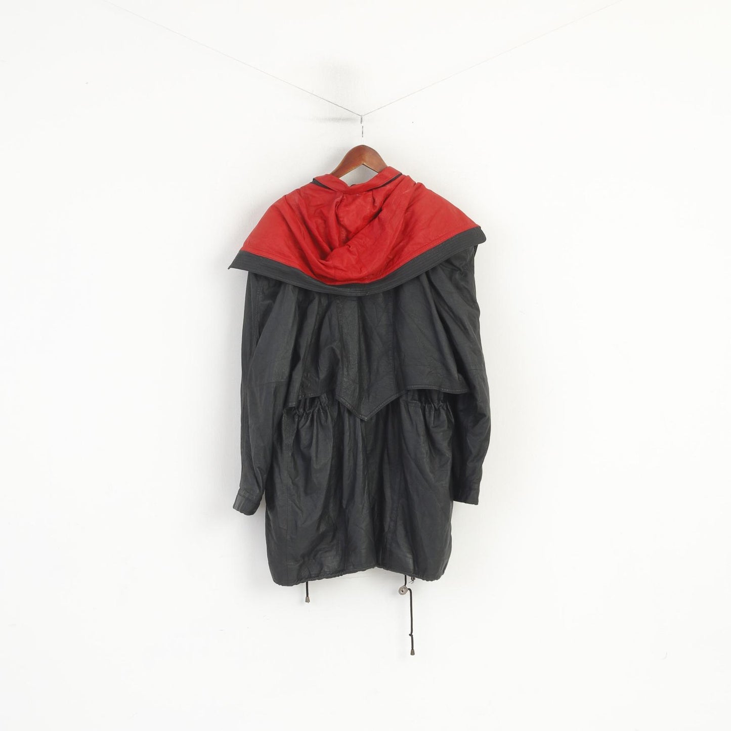 Vintage Women L Leather Jacket Black Red Hood Shoulder Pads Retro Style Parka