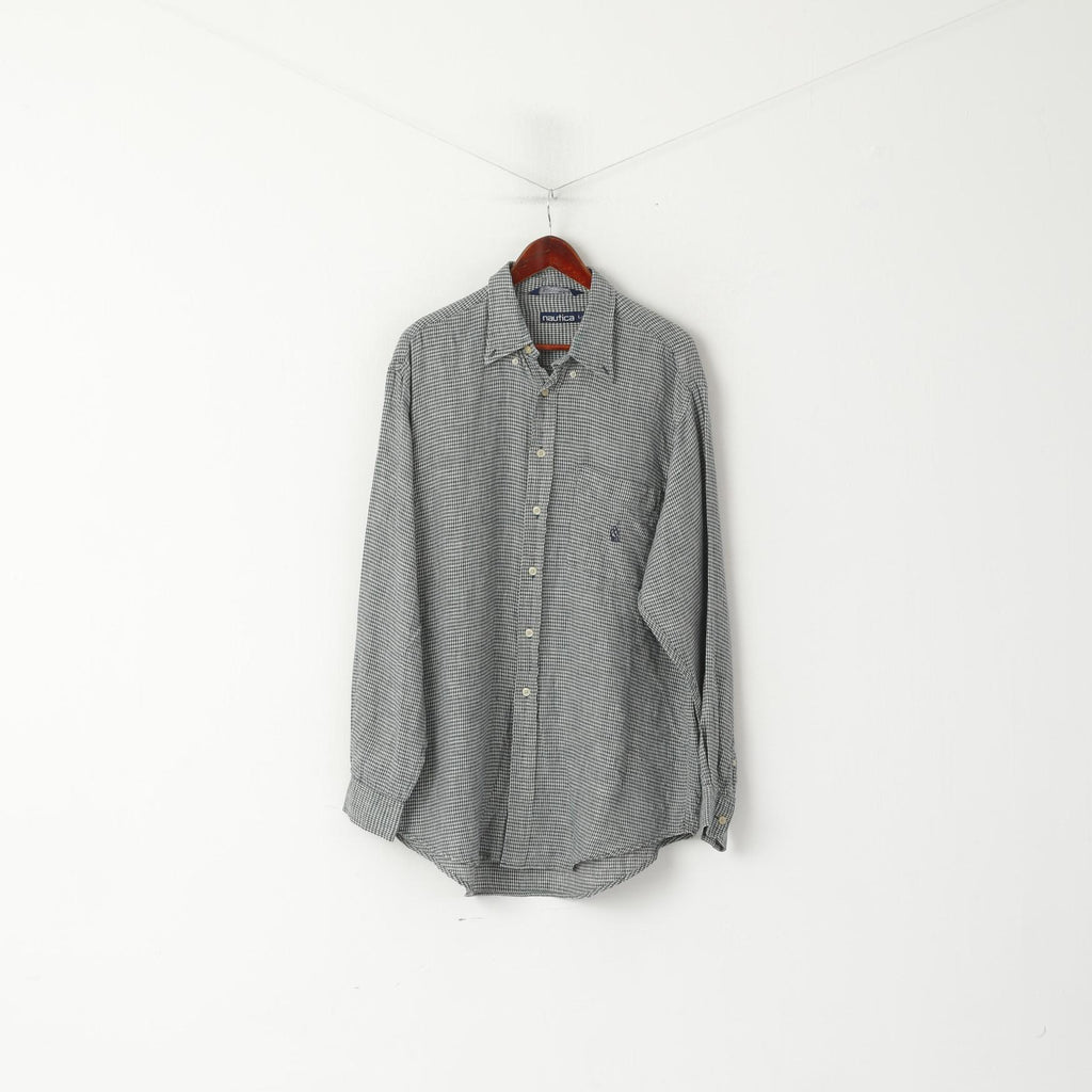 Nautica Men L (XL) Casual Shirt Green Check Vintage Linen Long Sleeve Pocket Top