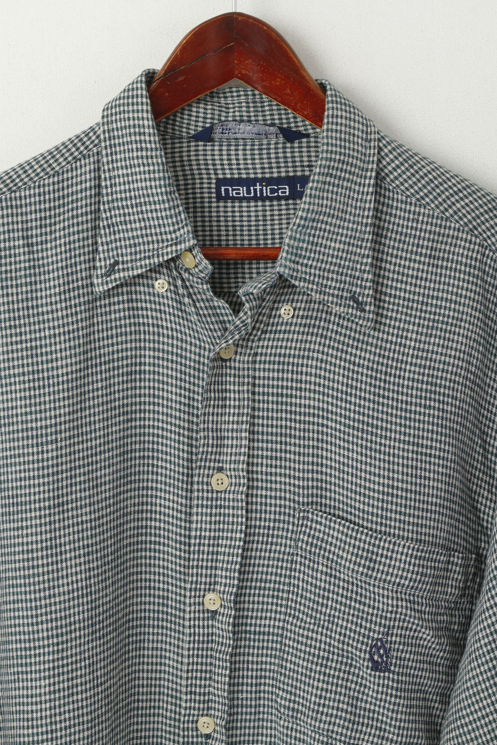 Nautica Men L (XL) Casual Shirt Green Check Vintage Linen Long Sleeve Pocket Top