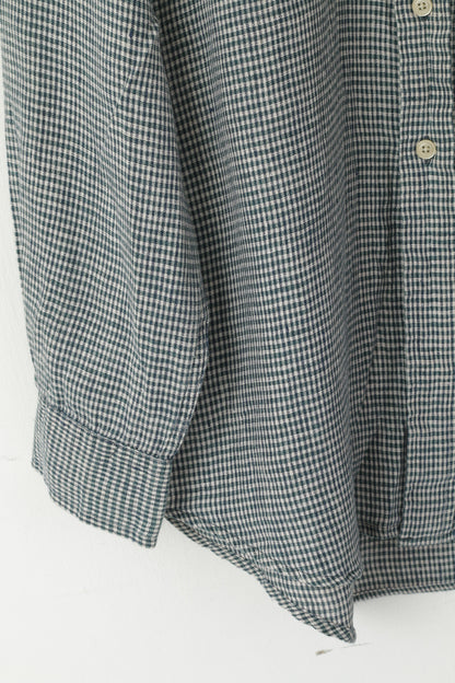 Nautica Men L (XL) Casual Shirt Green Check Vintage Linen Long Sleeve Pocket Top