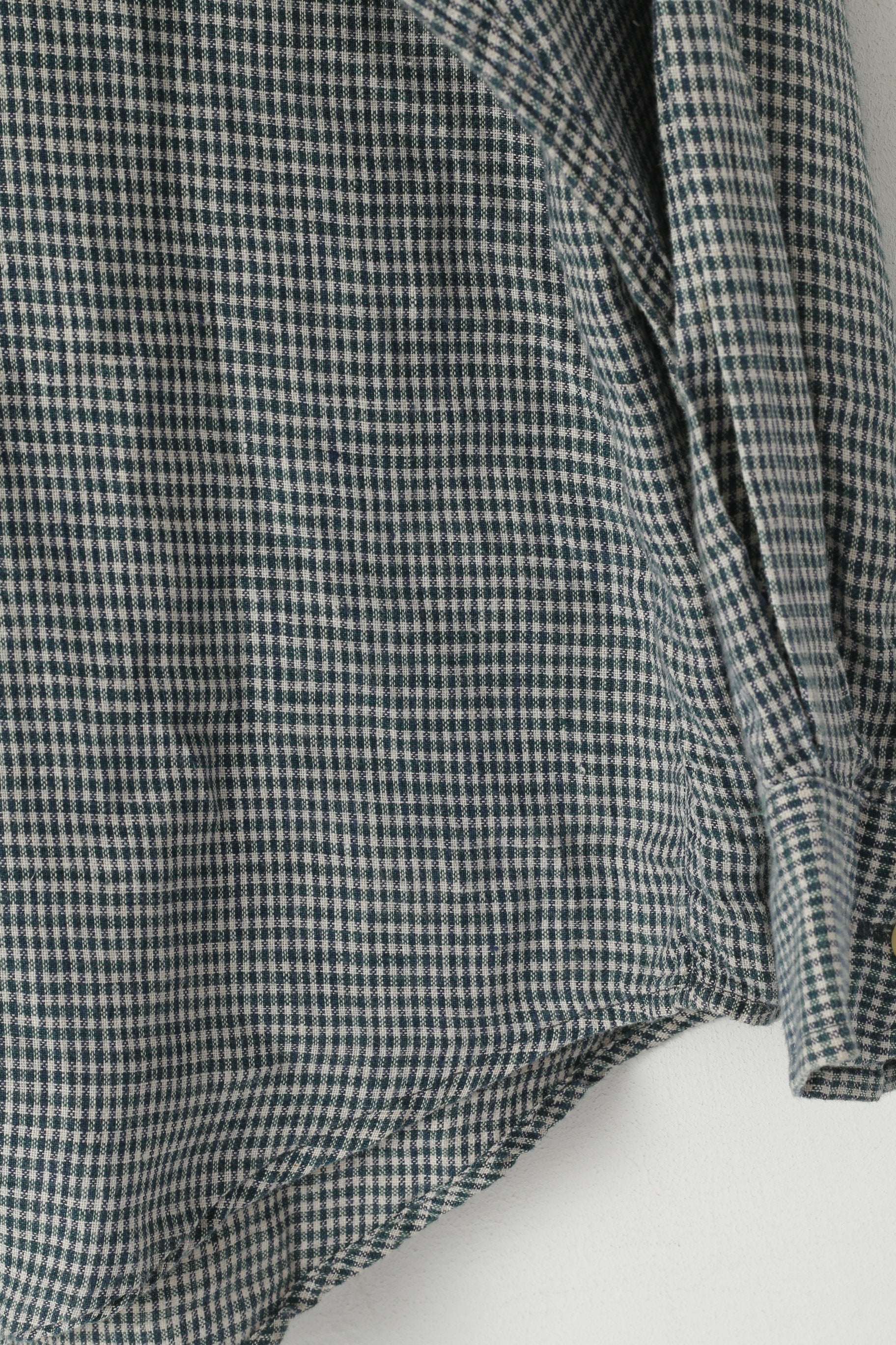 Nautica Hommes L (XL) Chemise décontractée à carreaux verts vintage en lin à manches longues avec poche