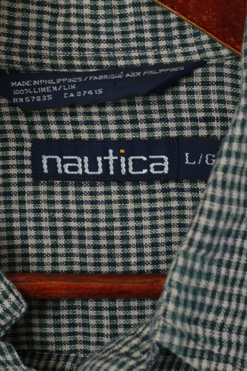 Nautica Men L (XL) Casual Shirt Green Check Vintage Linen Long Sleeve Pocket Top