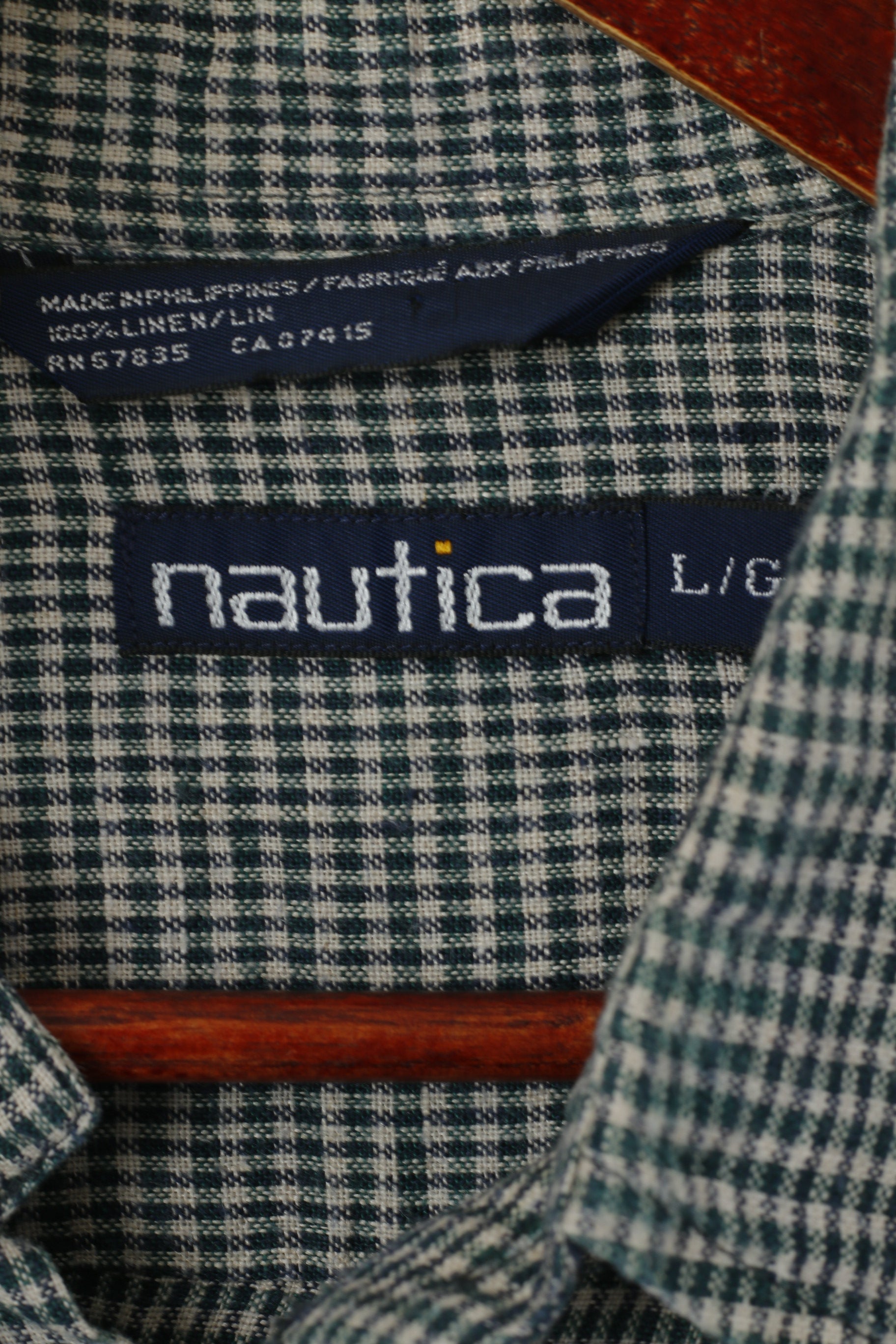 Nautica Hommes L (XL) Chemise décontractée à carreaux verts vintage en lin à manches longues avec poche