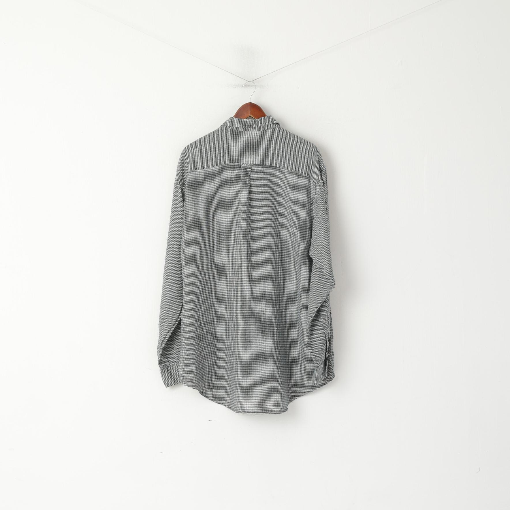 Nautica Men L (XL) Casual Shirt Green Check Vintage Linen Long Sleeve Pocket Top